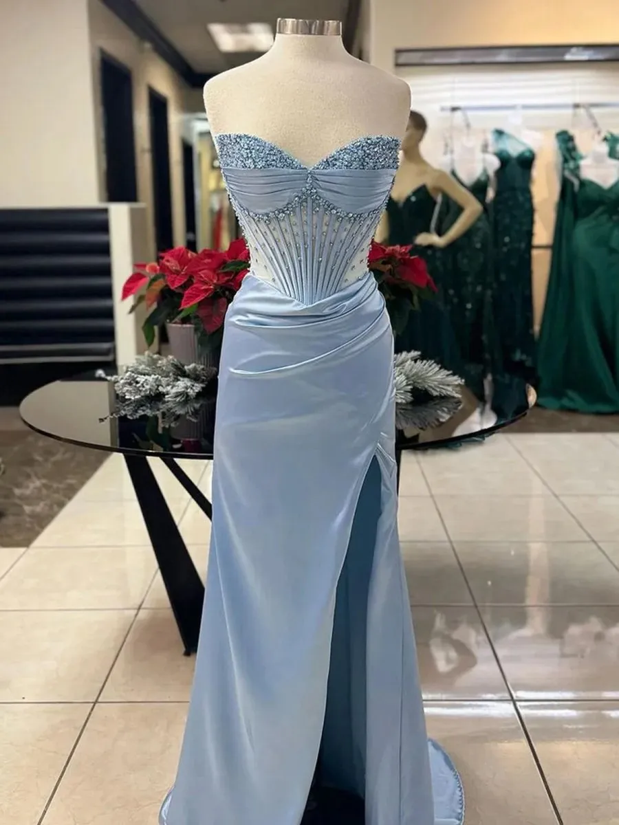 Mermaid Strapless Beaded Ruched Long Prom Dresses with Slit