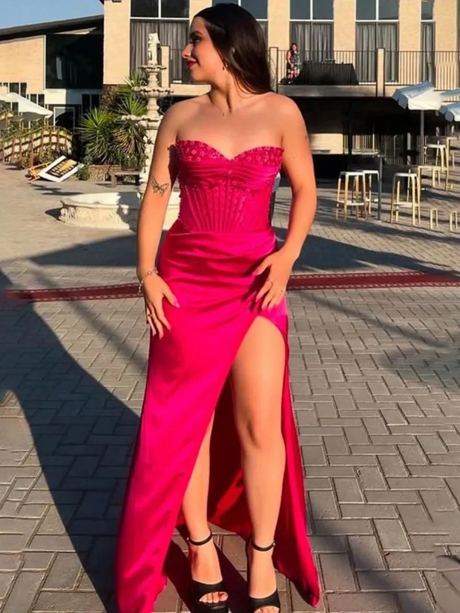 Mermaid Strapless Beaded Ruched Long Prom Dresses with Slit