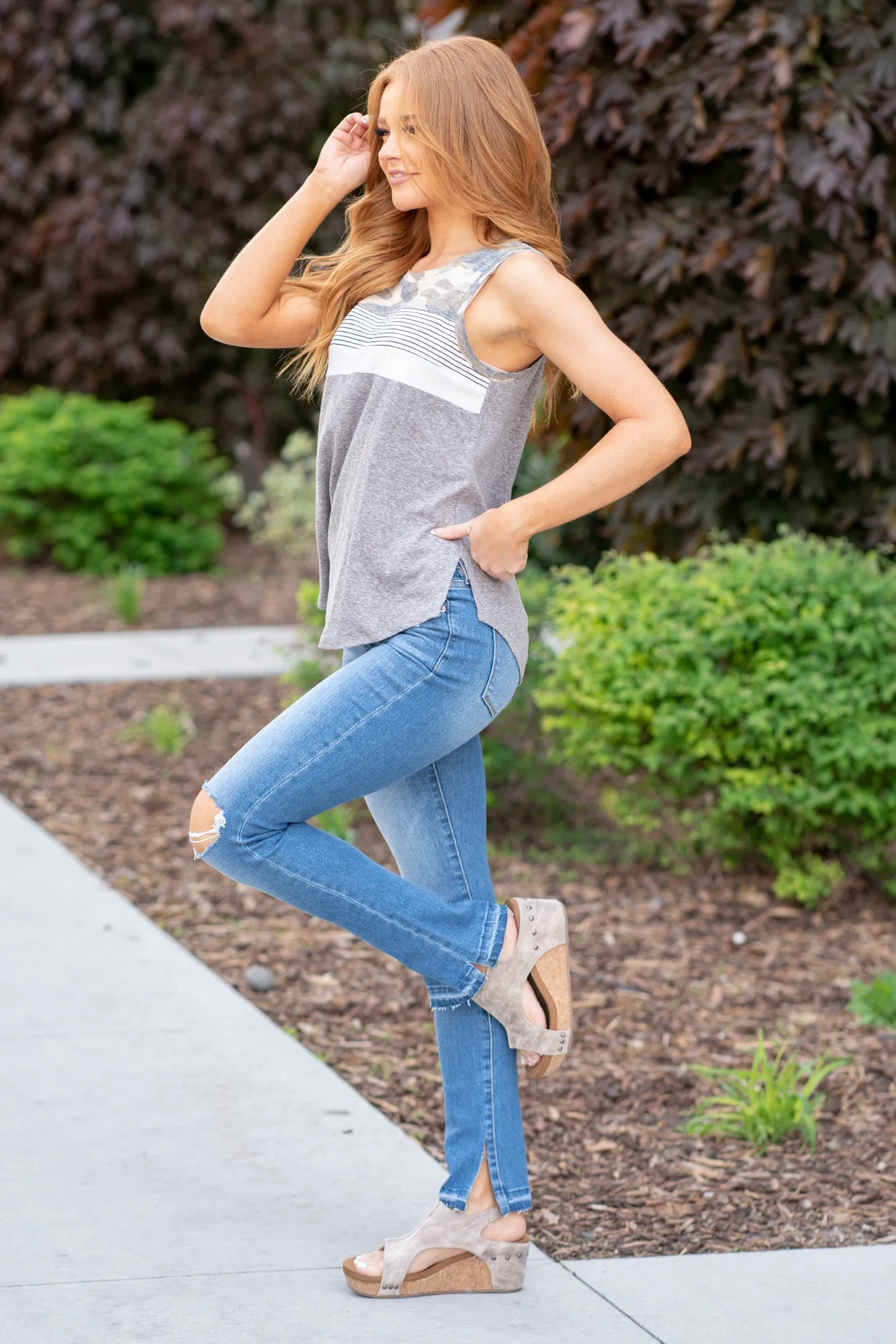 Mix Print Camo Tank Top - Heather Grey & Olive