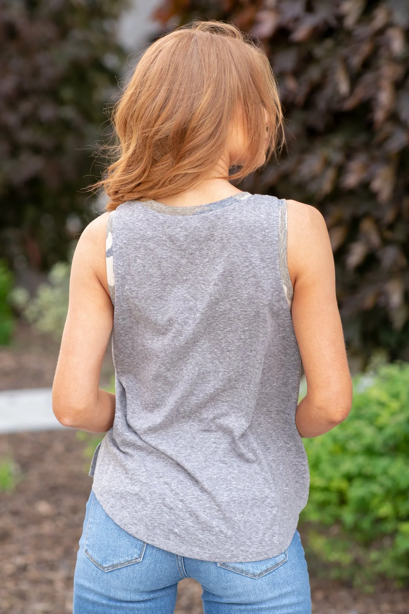 Mix Print Camo Tank Top - Heather Grey & Olive