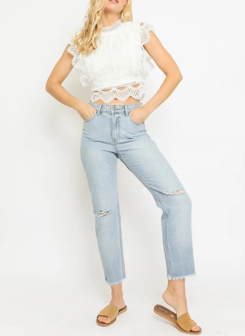 Mock Neck Lace Scallop Hem Sleeveless Top