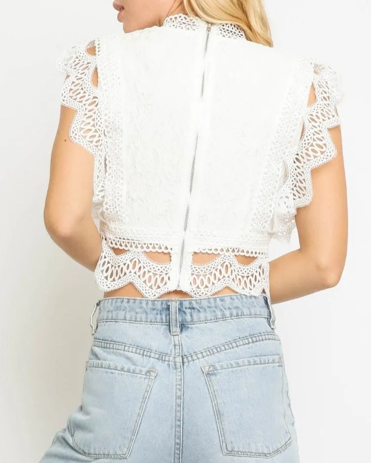 Mock Neck Lace Scallop Hem Sleeveless Top