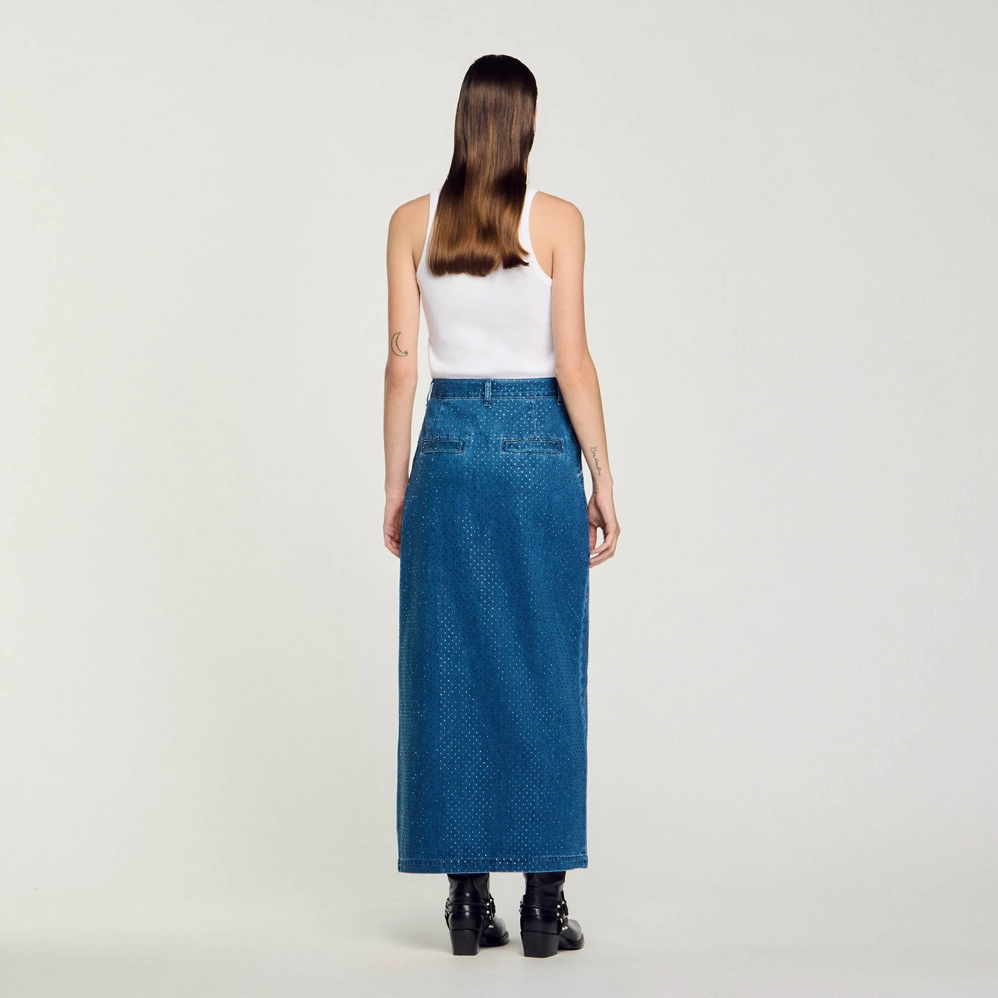 Moonrise Rhinestone Denim Maxi Skirt Blue Jean