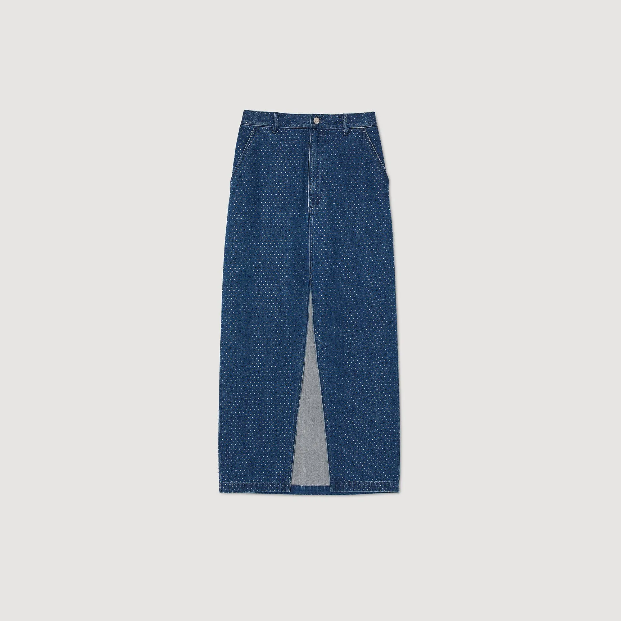 Moonrise Rhinestone Denim Maxi Skirt Blue Jean