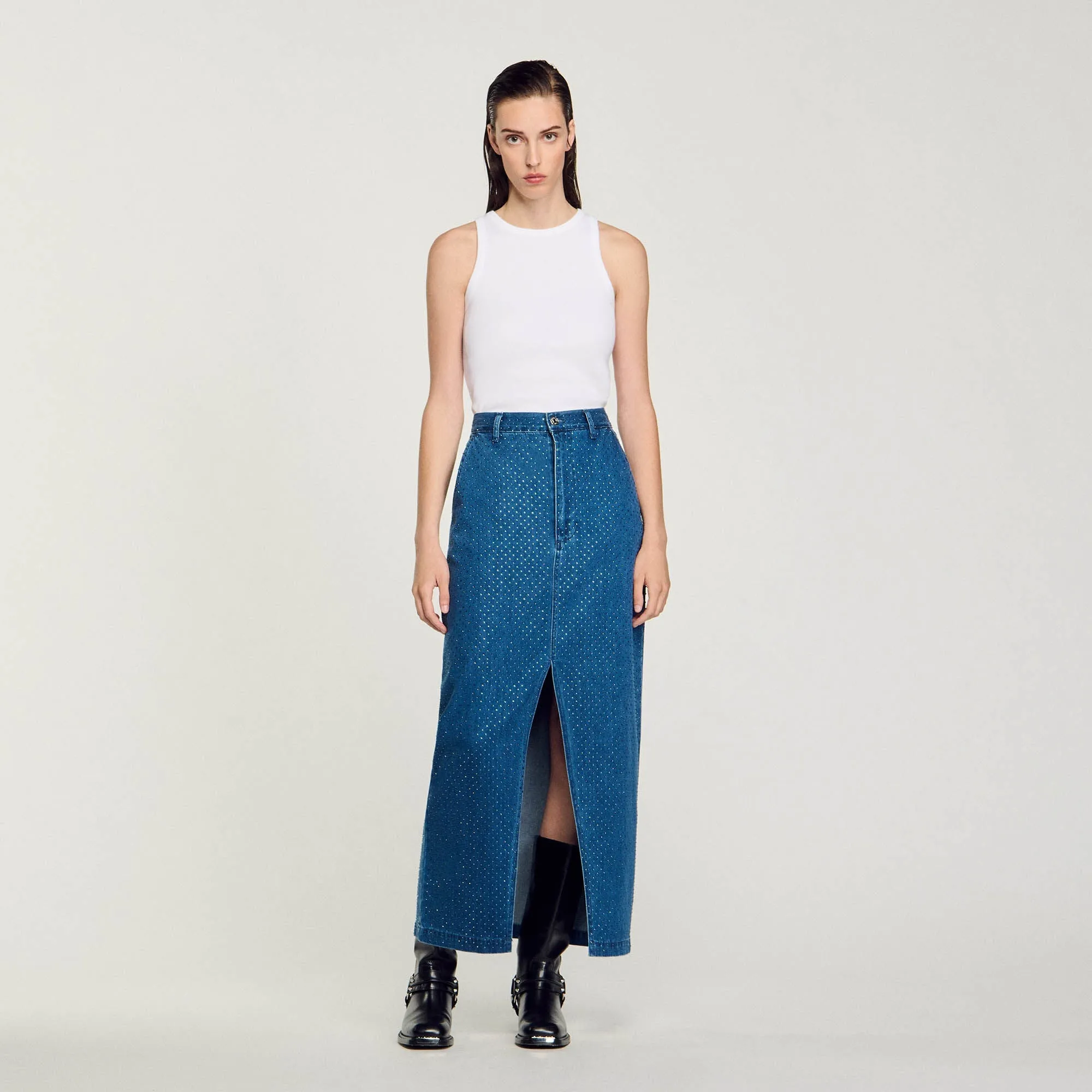 Moonrise Rhinestone Denim Maxi Skirt Blue Jean