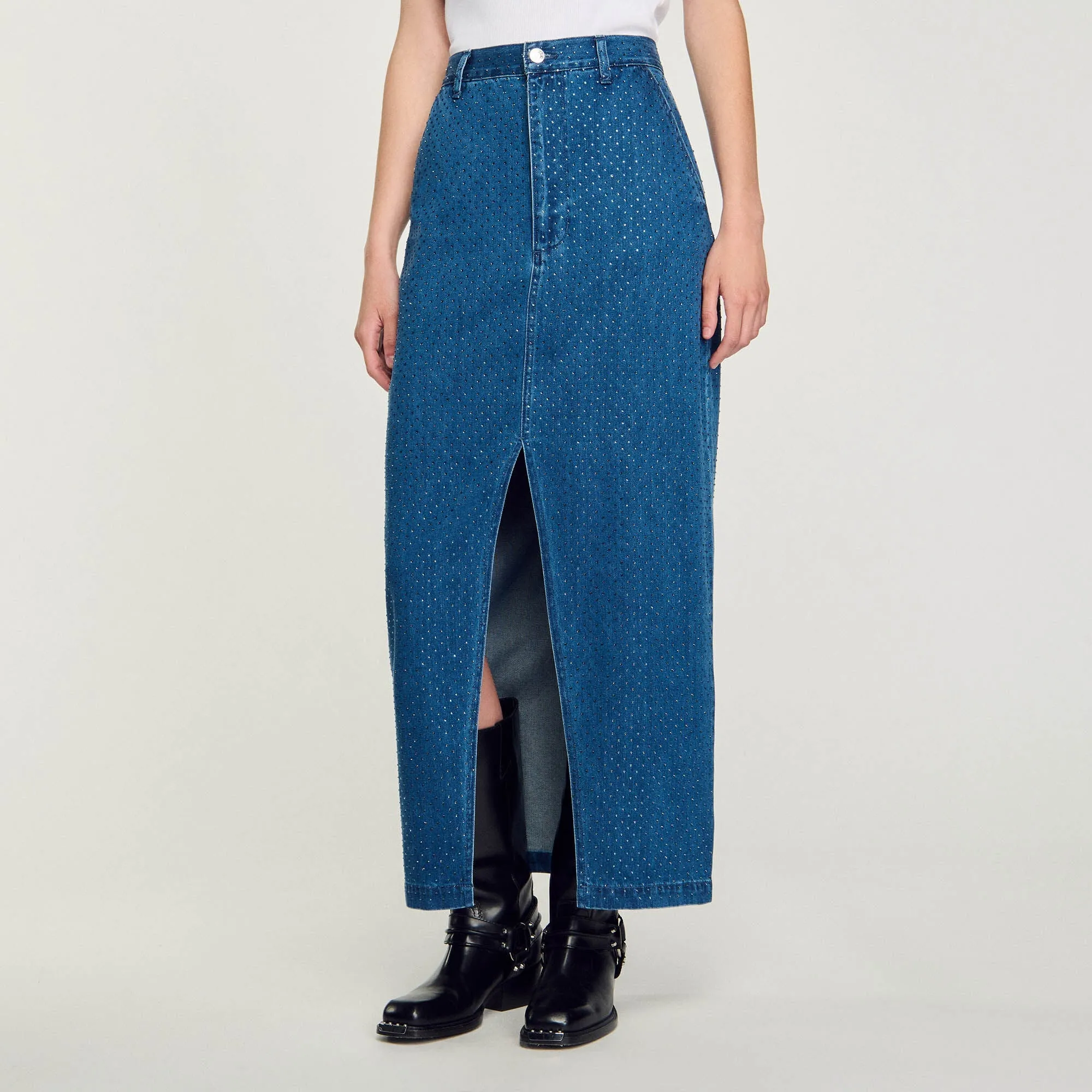 Moonrise Rhinestone Denim Maxi Skirt Blue Jean