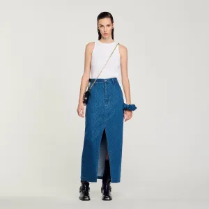 Moonrise Rhinestone Denim Maxi Skirt Blue Jean