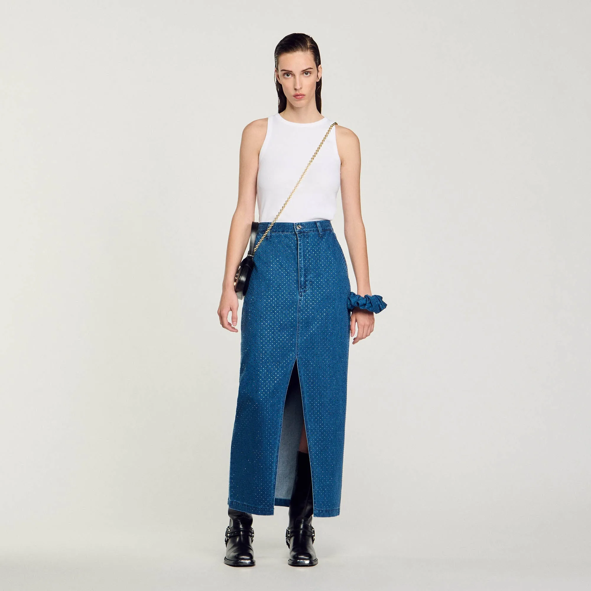 Moonrise Rhinestone Denim Maxi Skirt Blue Jean