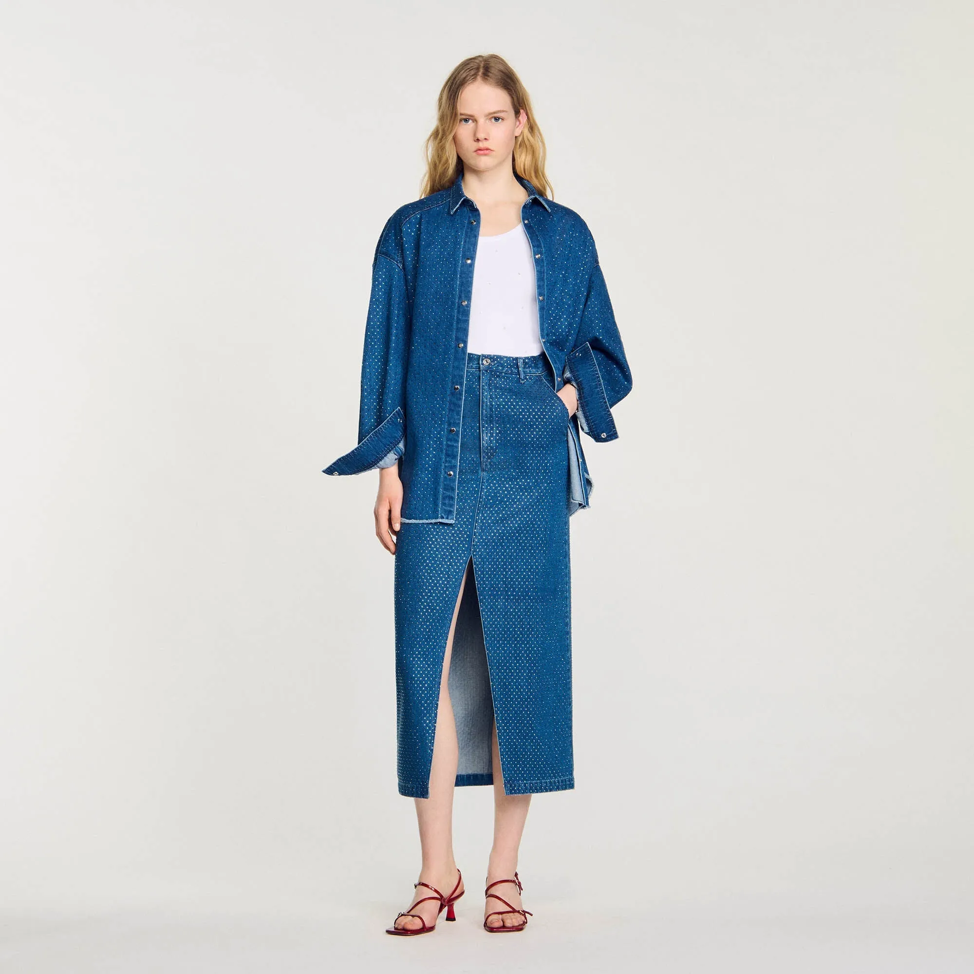 Moonrise Rhinestone Denim Maxi Skirt Blue Jean