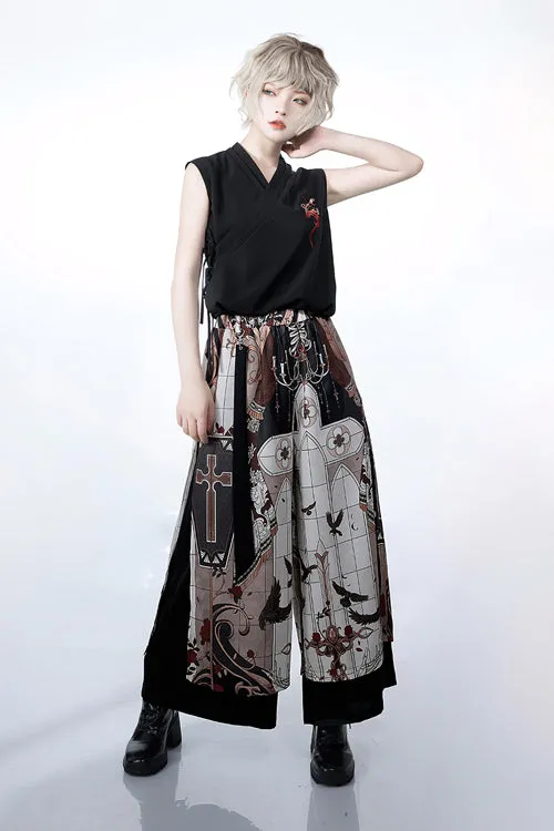 Multi-Color Night Command Print Wide Leg Ouji Lolita Trousers