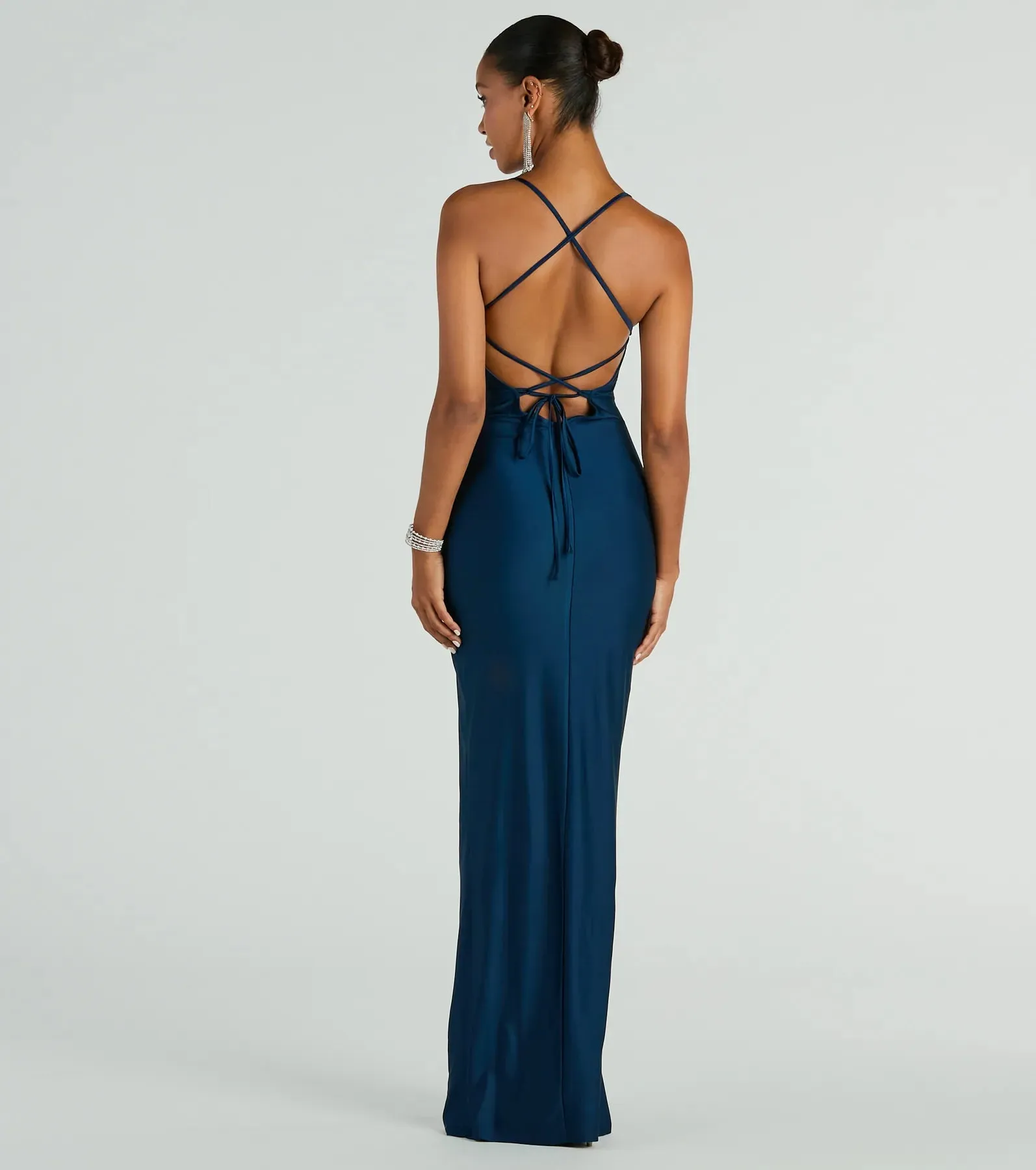 Natalie Cowl Neck Lace-Up Slit Column Dress