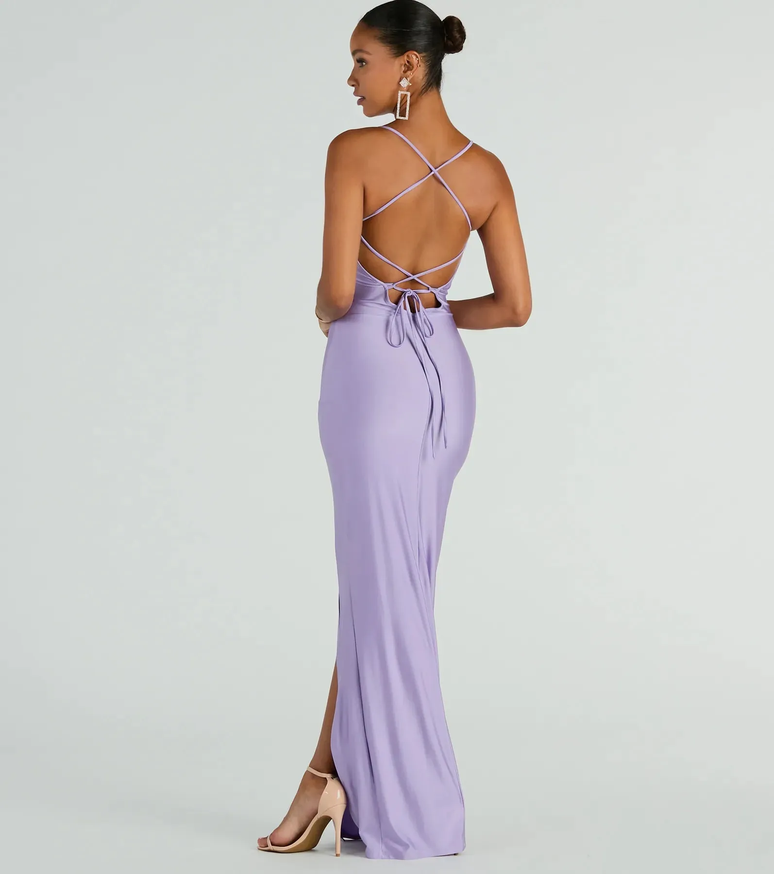 Natalie Cowl Neck Lace-Up Slit Column Dress
