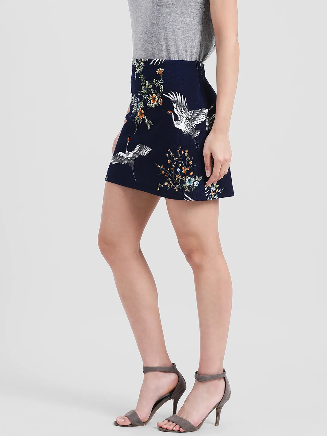 Navy Blue Printed Straight Skirt