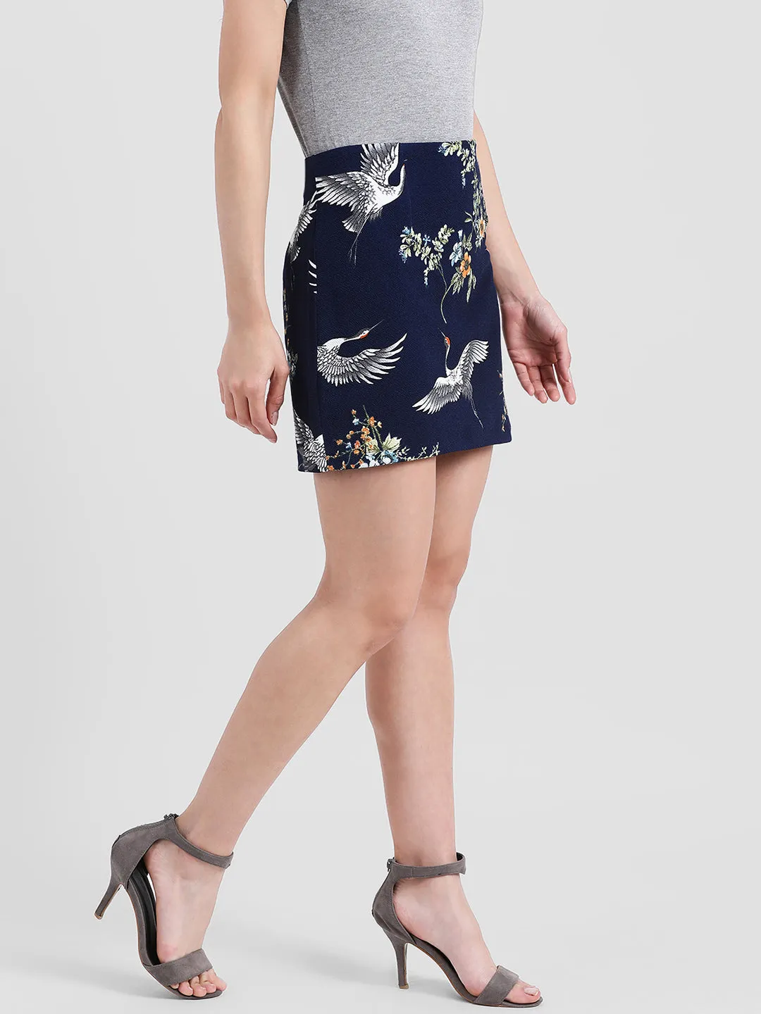 Navy Blue Printed Straight Skirt