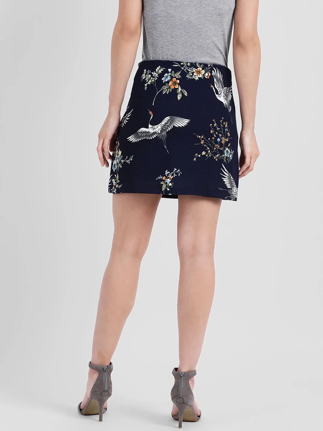 Navy Blue Printed Straight Skirt