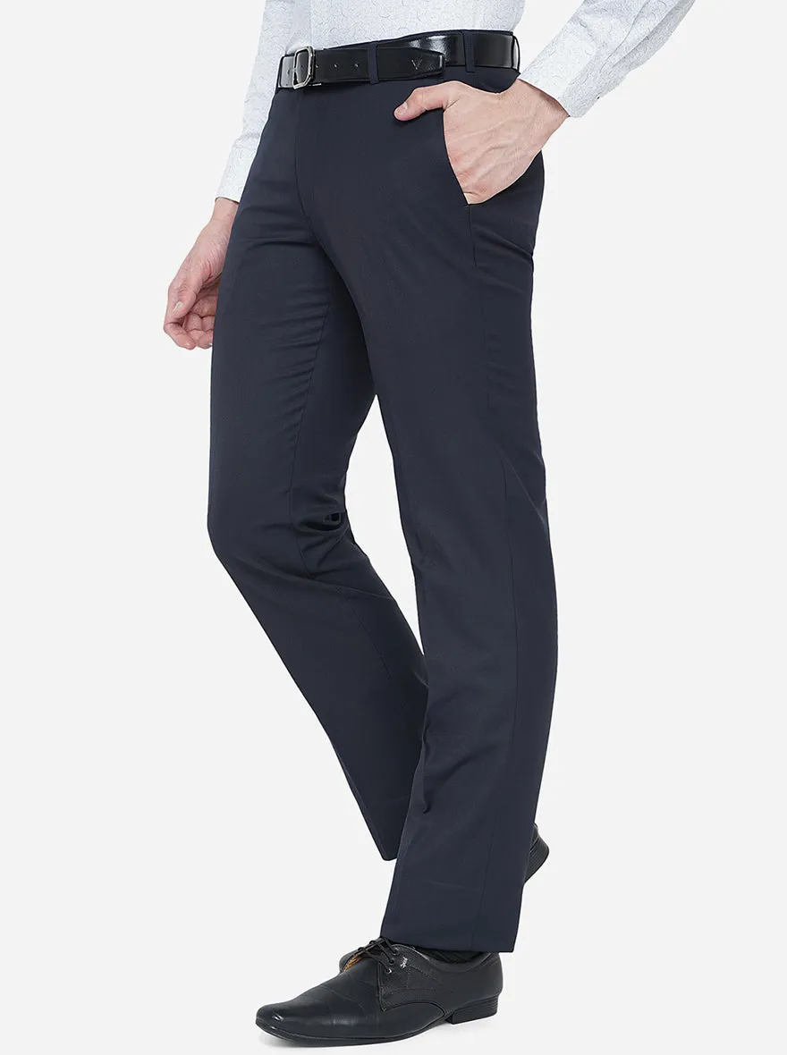 Navy Blue Solid Slim Fit Formal Trouser | Metal