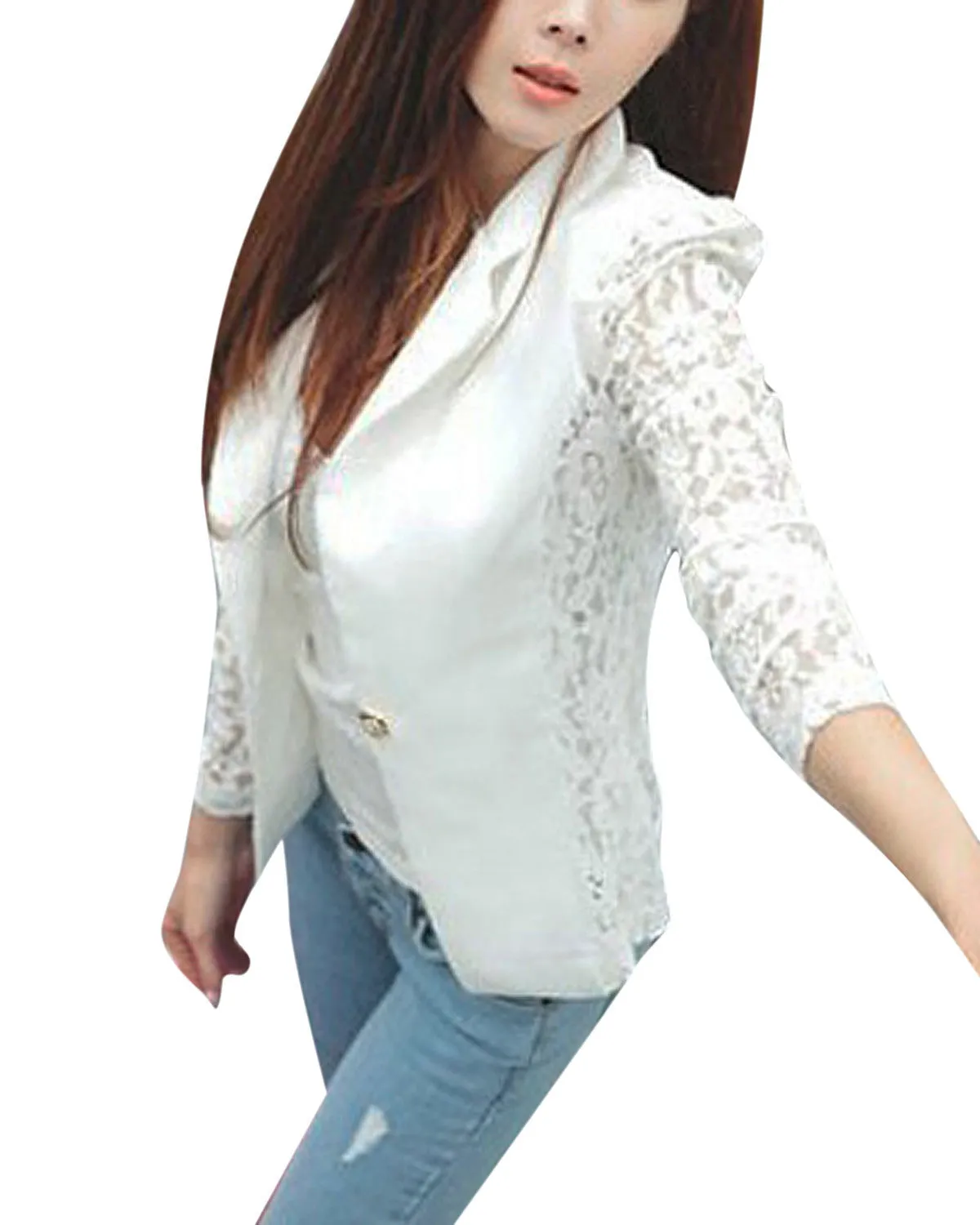 NEW Fashion Sexy Sheer Lace Patchwork Blazer Coat Lady Suit Outwear Women OL Formal Slim Jacket Black White Plus Size S-3XL