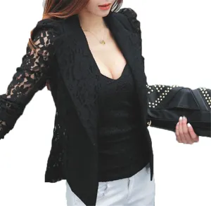 NEW Fashion Sexy Sheer Lace Patchwork Blazer Coat Lady Suit Outwear Women OL Formal Slim Jacket Black White Plus Size S-3XL