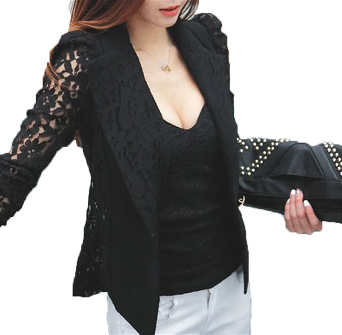 NEW Fashion Sexy Sheer Lace Patchwork Blazer Coat Lady Suit Outwear Women OL Formal Slim Jacket Black White Plus Size S-3XL