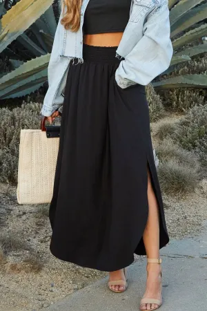 NINEXIS - CWBLS041_SMOCKING WAIST MAXI SKIRT WITH SIDE POCKET: Black / (L) 1