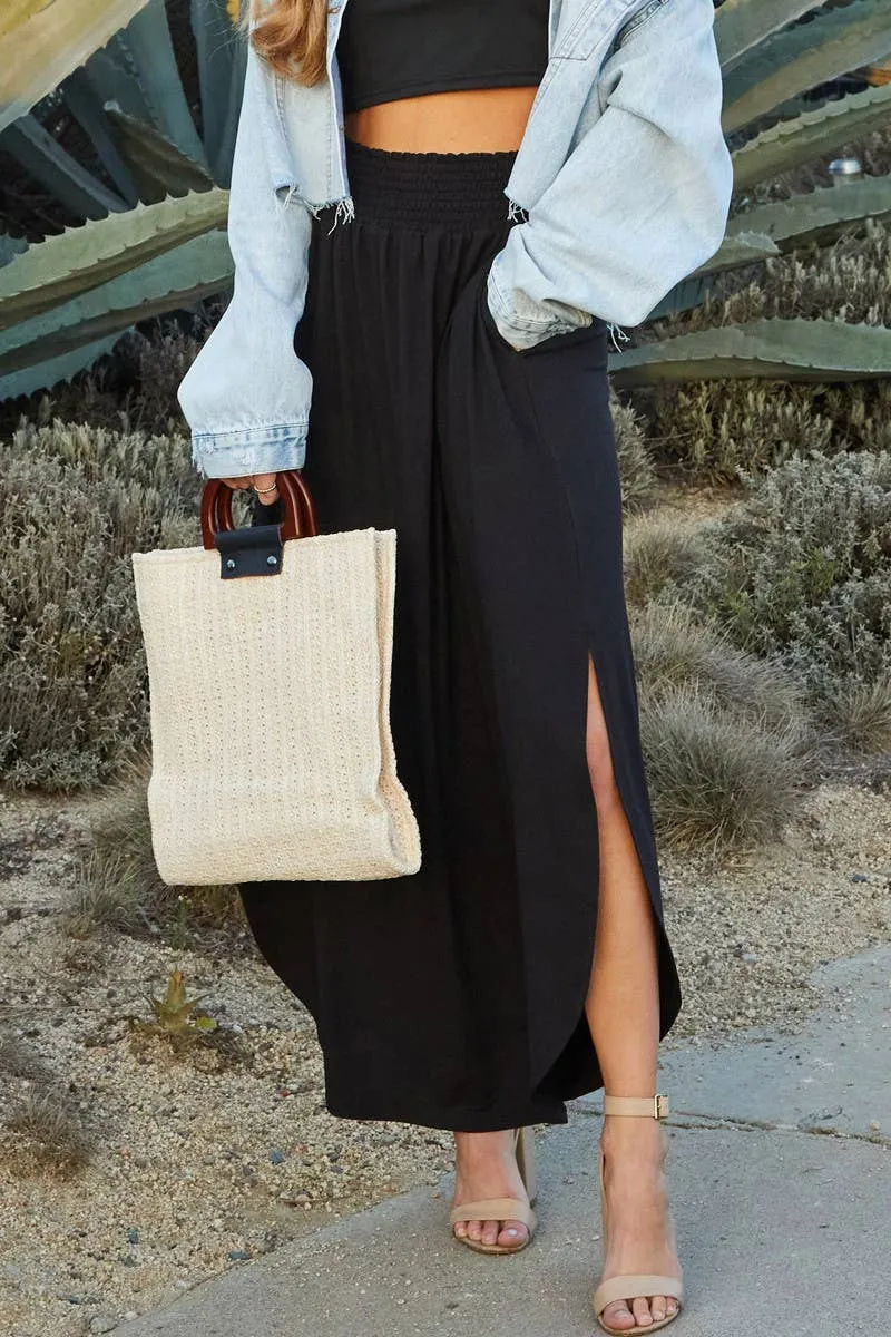 NINEXIS - CWBLS041_SMOCKING WAIST MAXI SKIRT WITH SIDE POCKET: Black / (L) 1