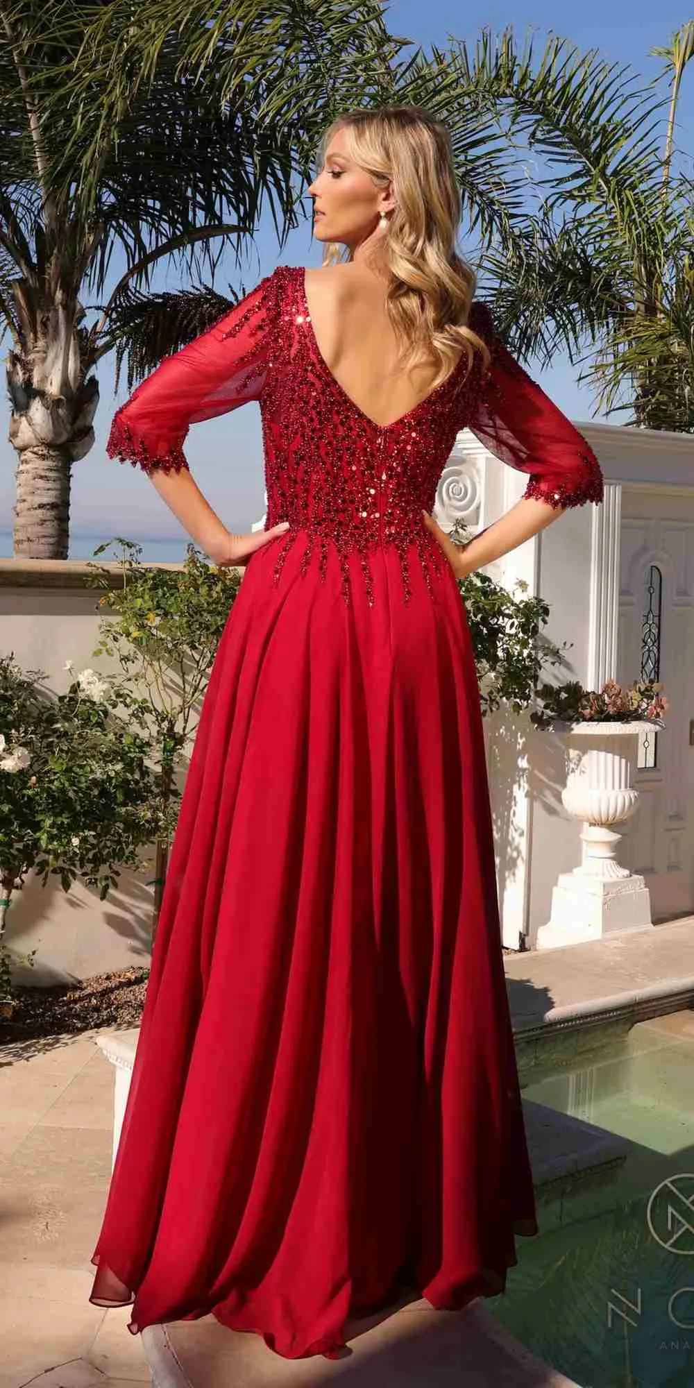 Nox Anabel MF100 Long Sequin Bodice 3/4 Sleeve A-line Gown
