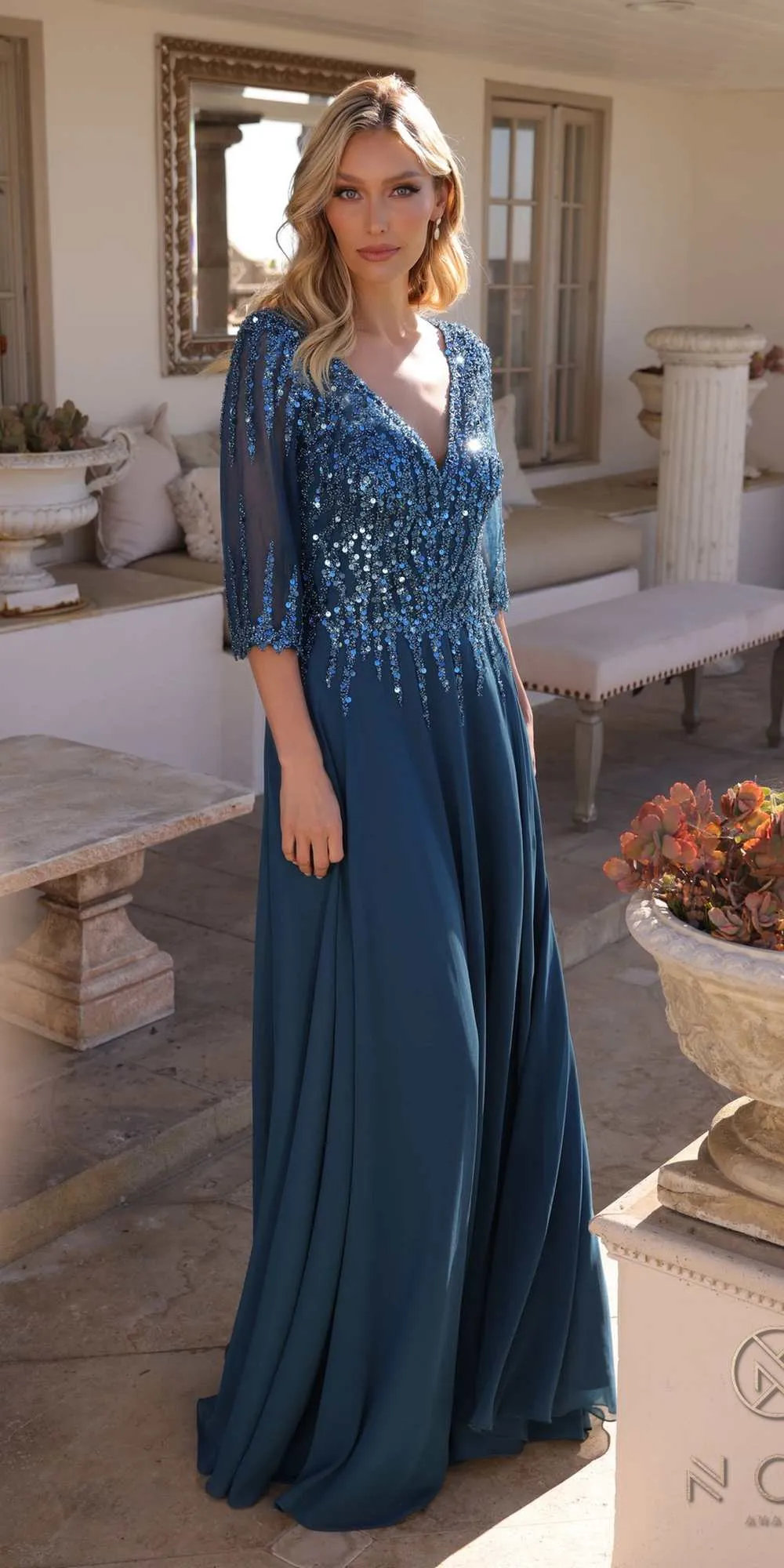 Nox Anabel MF100 Long Sequin Bodice 3/4 Sleeve A-line Gown