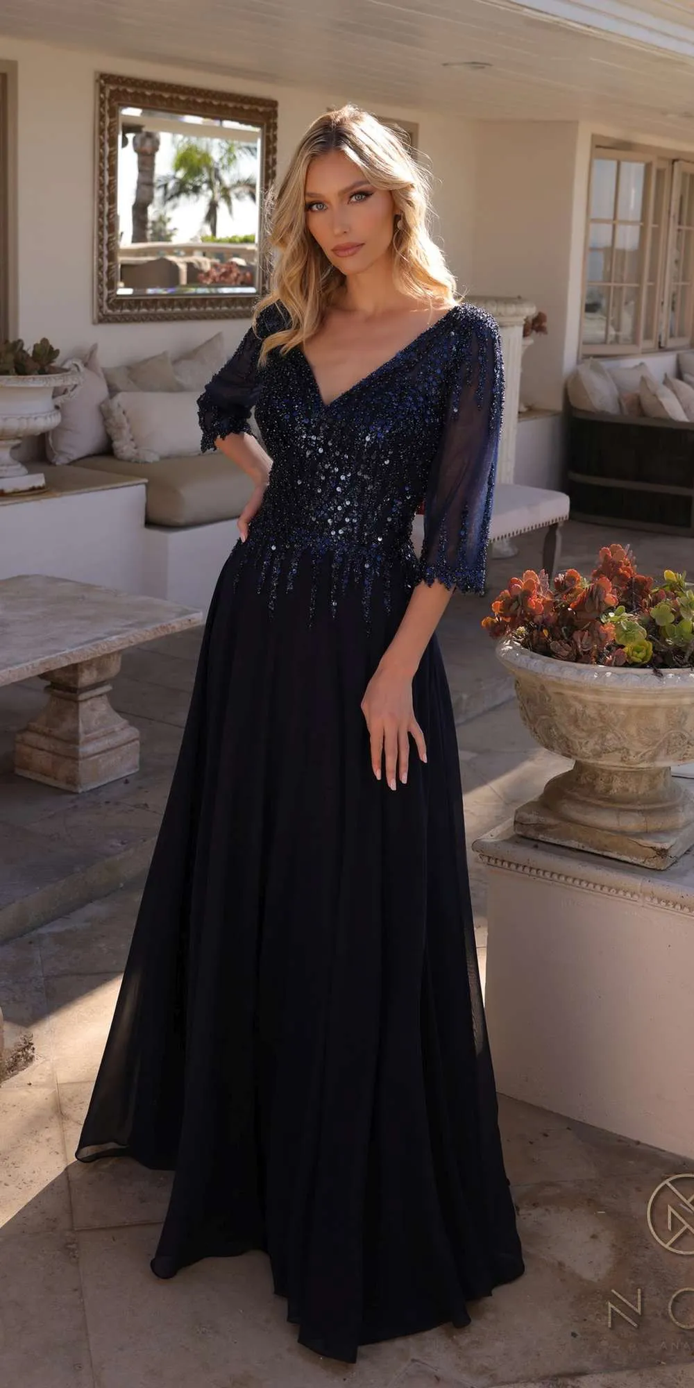 Nox Anabel MF100 Long Sequin Bodice 3/4 Sleeve A-line Gown