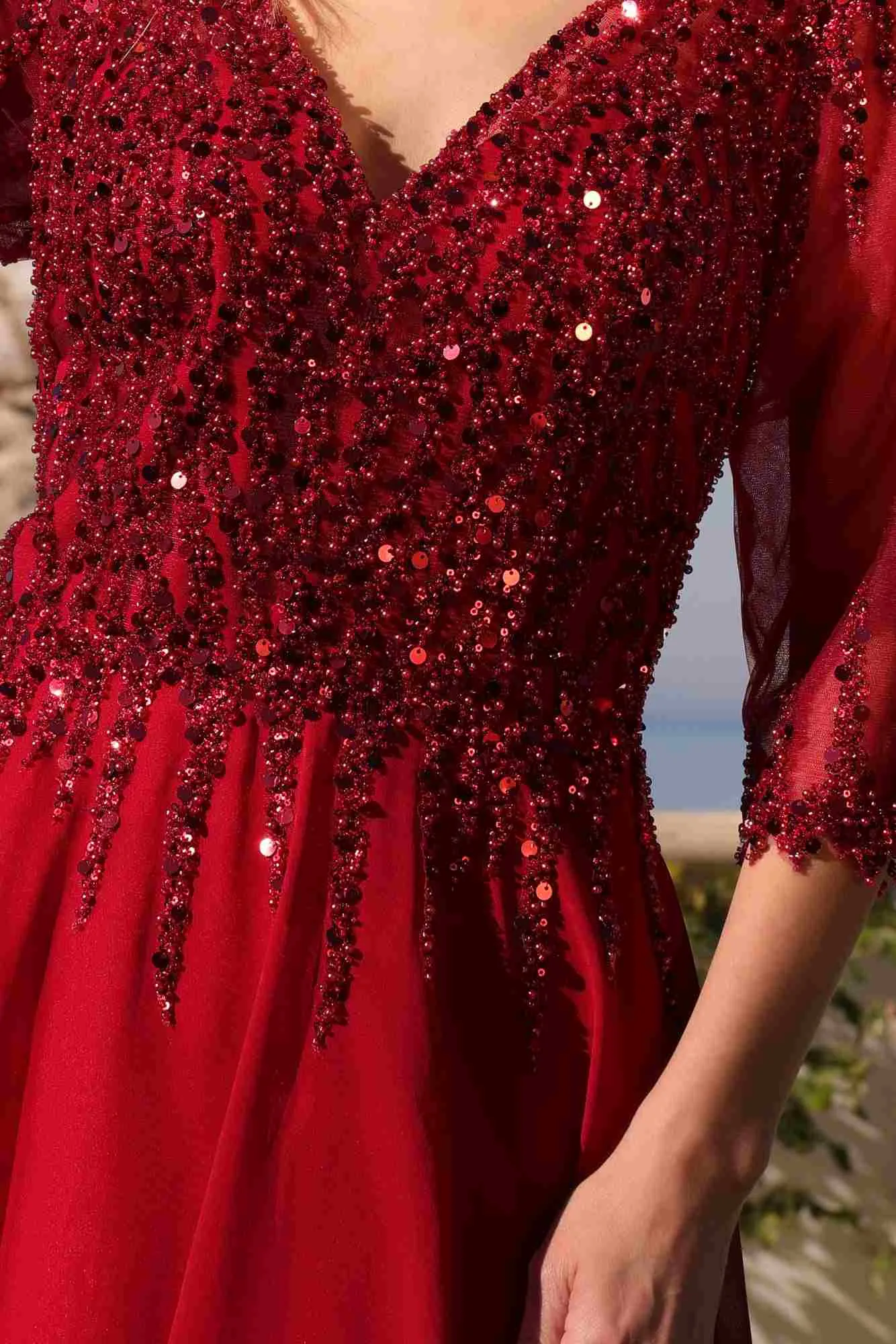 Nox Anabel MF100 Long Sequin Bodice 3/4 Sleeve A-line Gown
