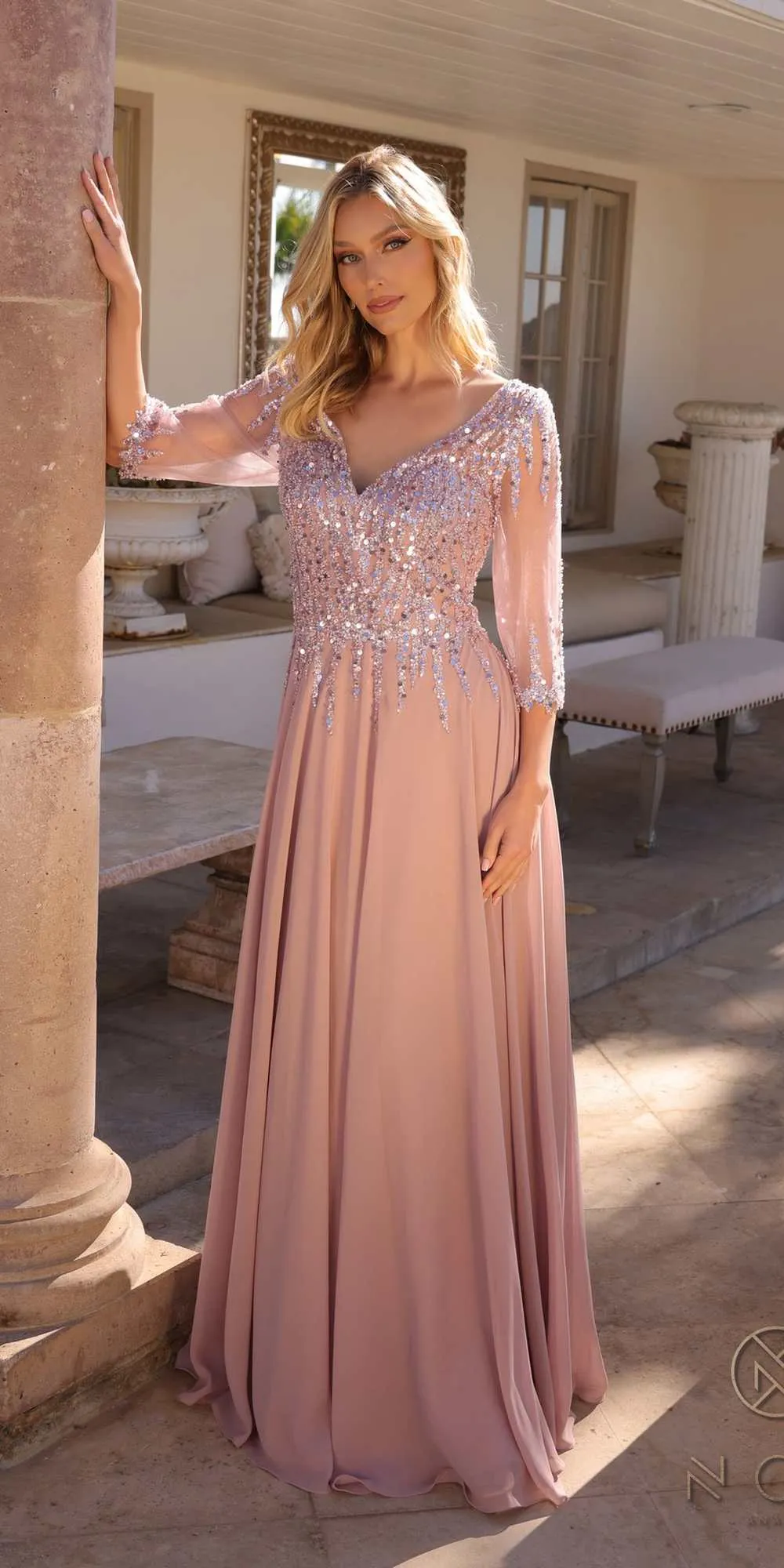Nox Anabel MF100 Long Sequin Bodice 3/4 Sleeve A-line Gown
