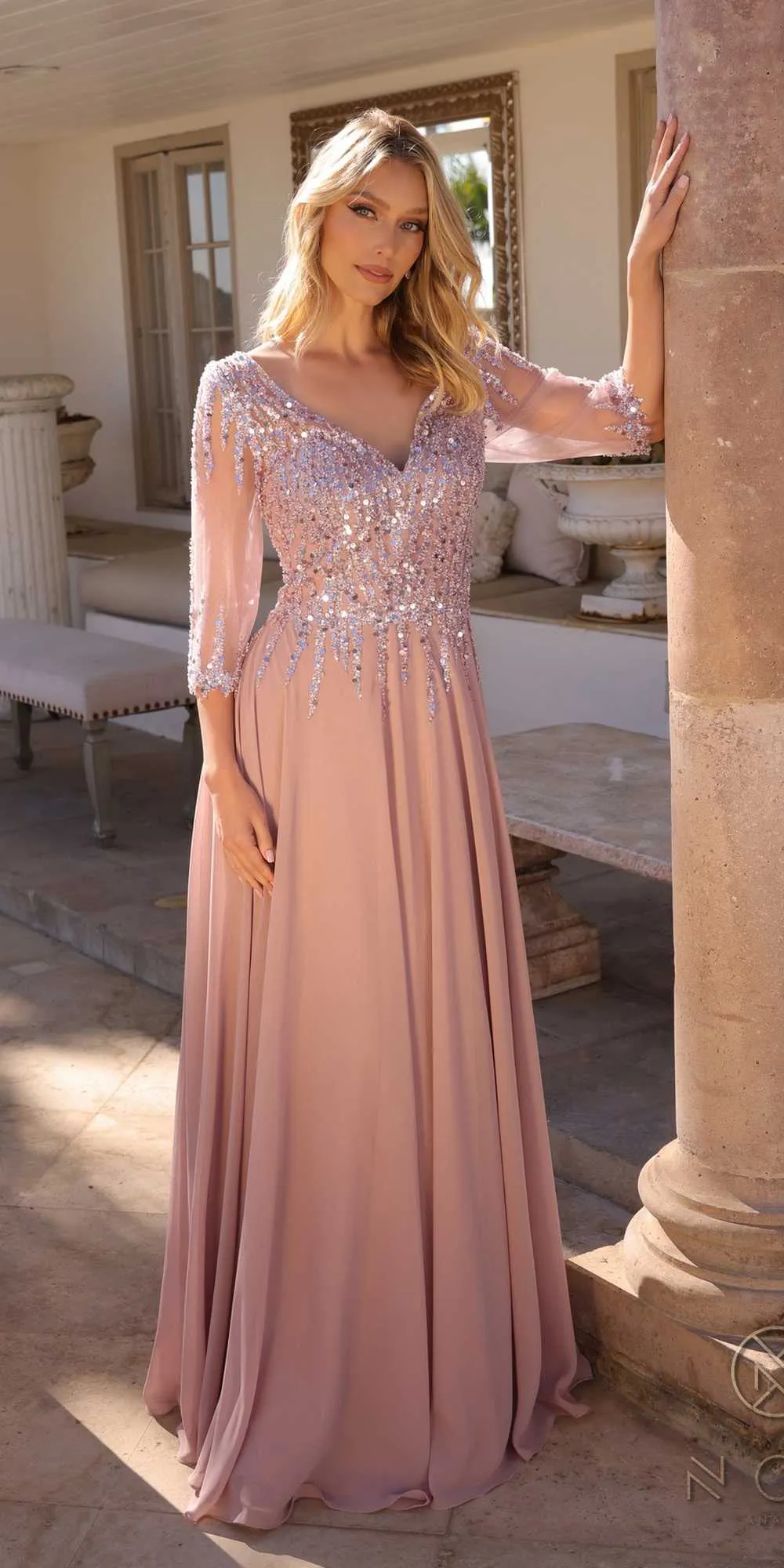 Nox Anabel MF100 Long Sequin Bodice 3/4 Sleeve A-line Gown
