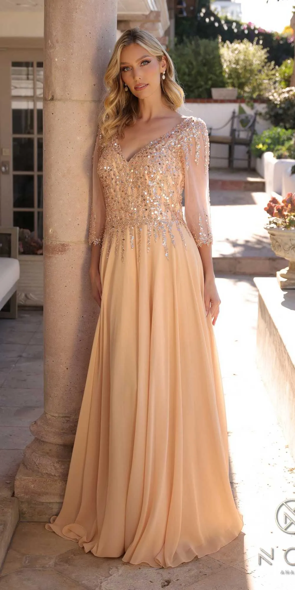 Nox Anabel MF100 Long Sequin Bodice 3/4 Sleeve A-line Gown