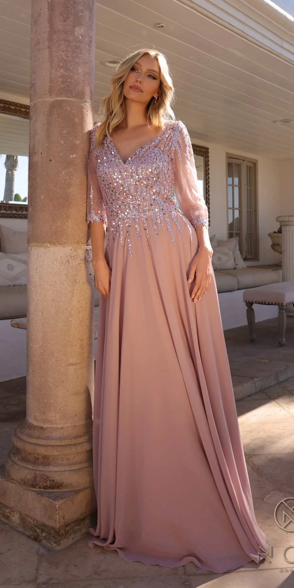 Nox Anabel MF100 Long Sequin Bodice 3/4 Sleeve A-line Gown