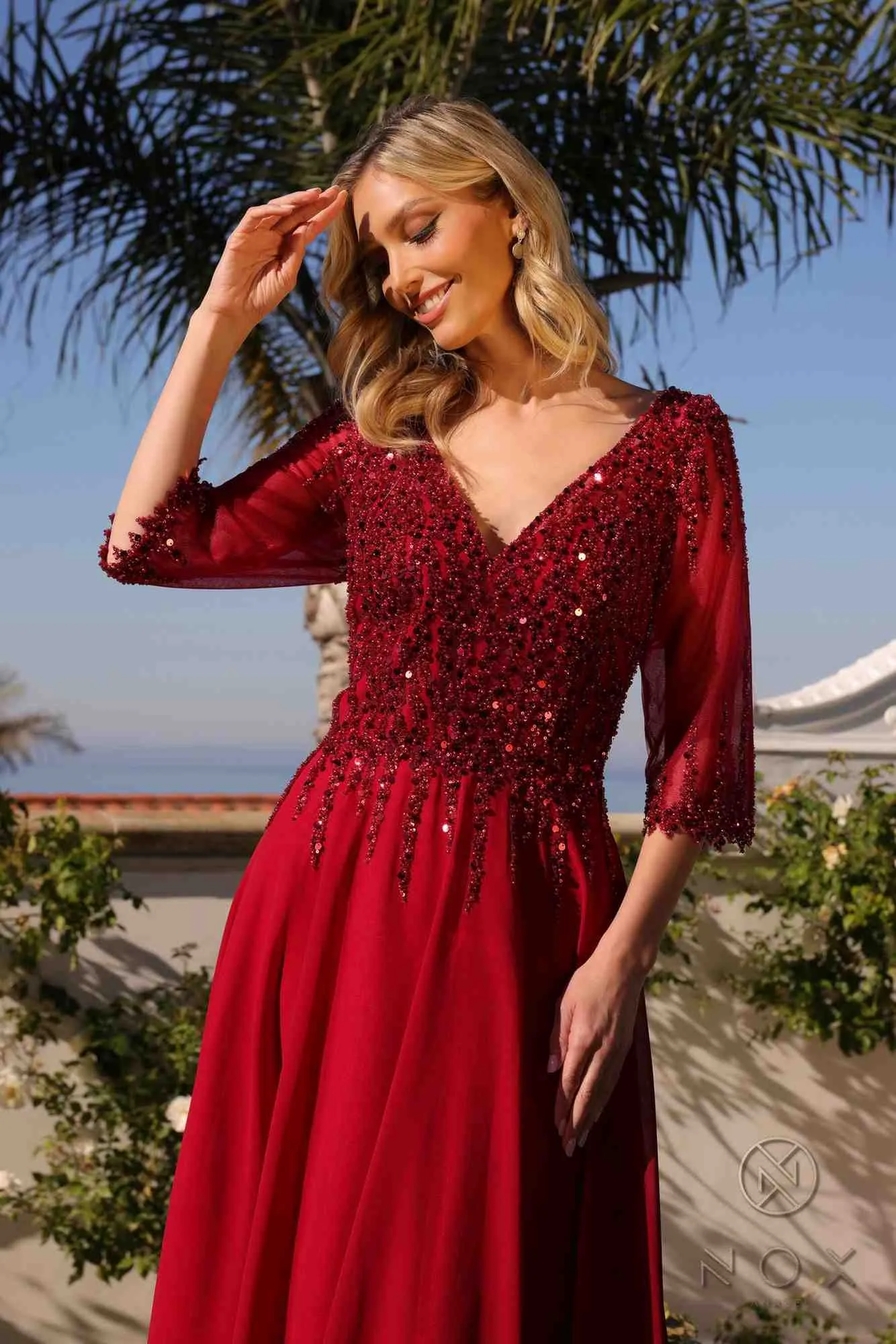 Nox Anabel MF100 Long Sequin Bodice 3/4 Sleeve A-line Gown