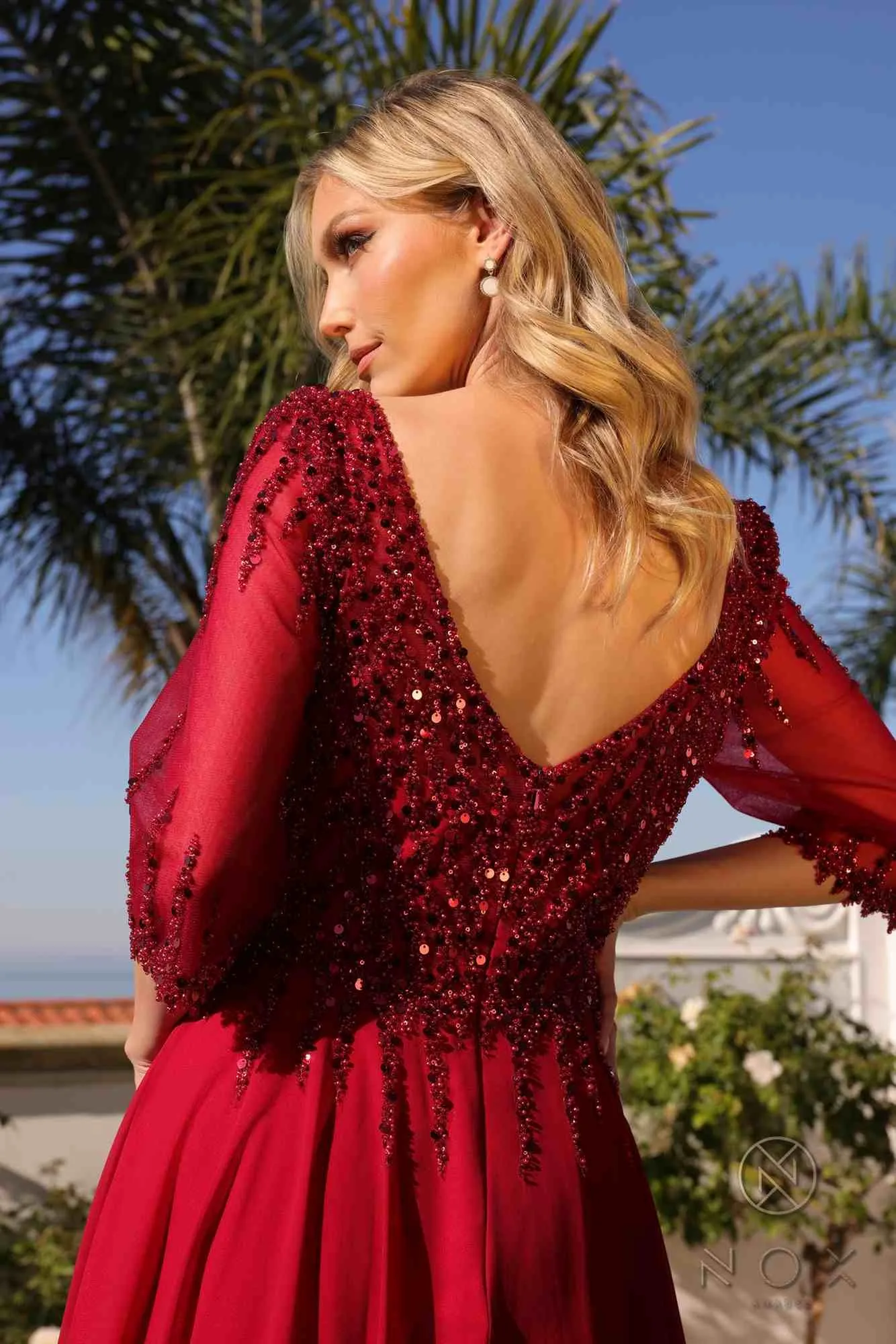 Nox Anabel MF100 Long Sequin Bodice 3/4 Sleeve A-line Gown