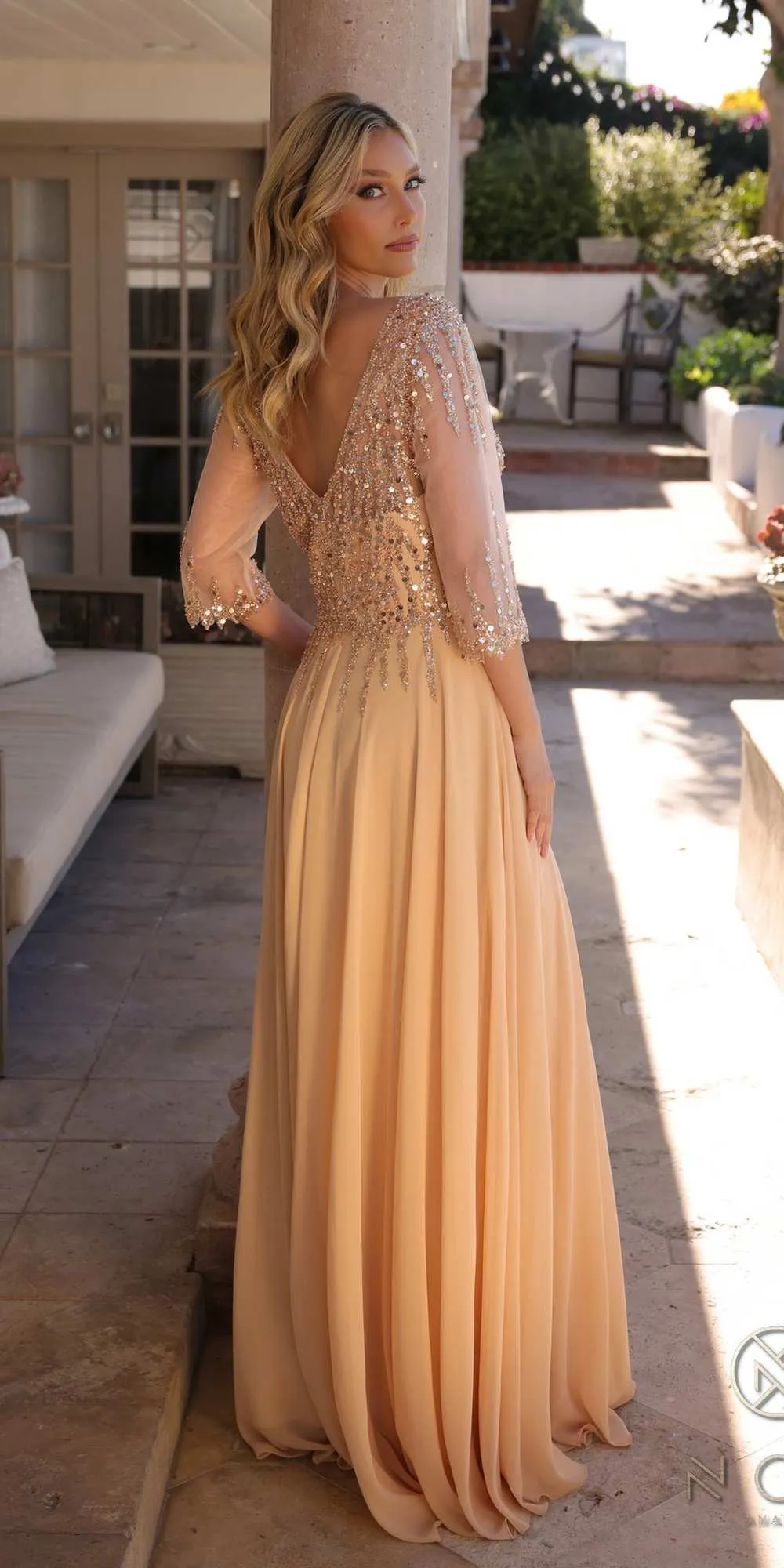 Nox Anabel MF100 Long Sequin Bodice 3/4 Sleeve A-line Gown