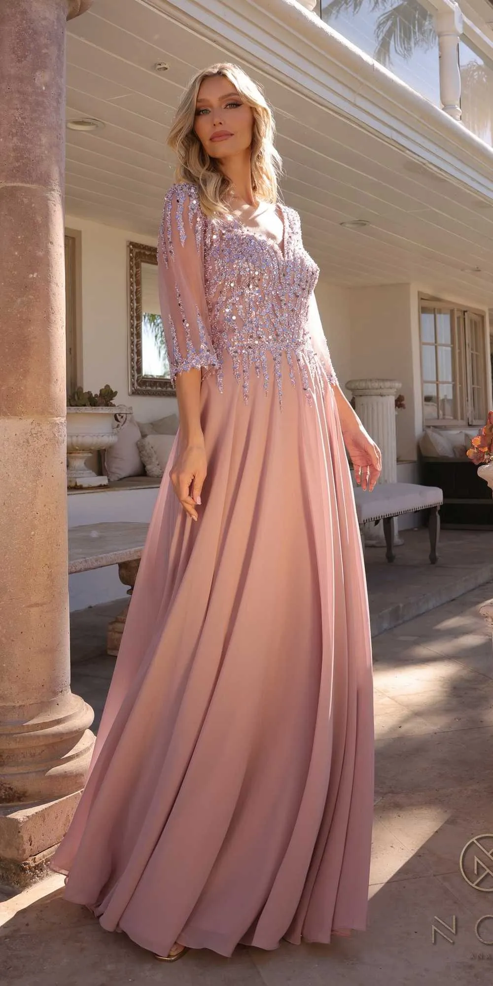 Nox Anabel MF100 Long Sequin Bodice 3/4 Sleeve A-line Gown