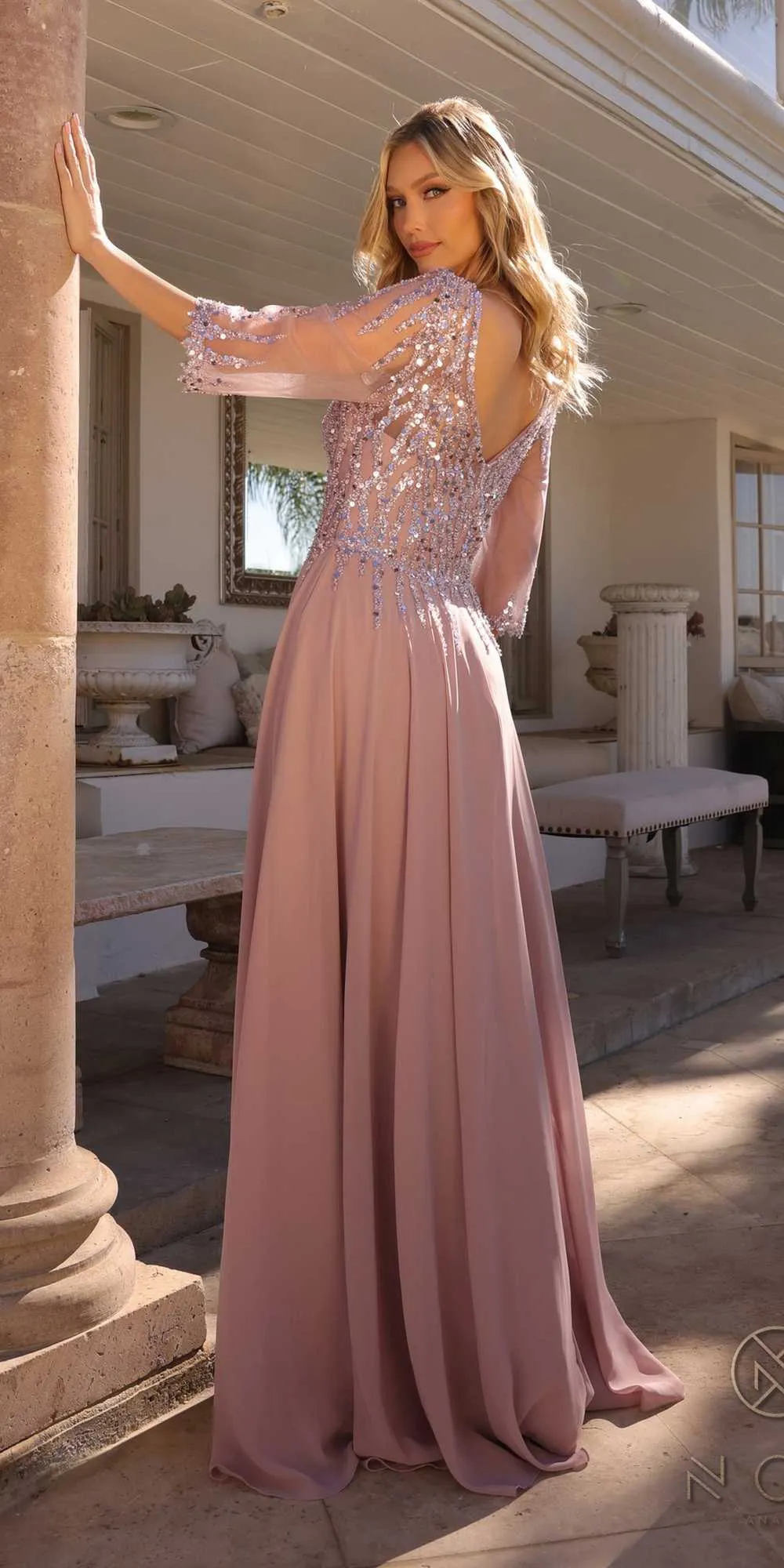 Nox Anabel MF100 Long Sequin Bodice 3/4 Sleeve A-line Gown
