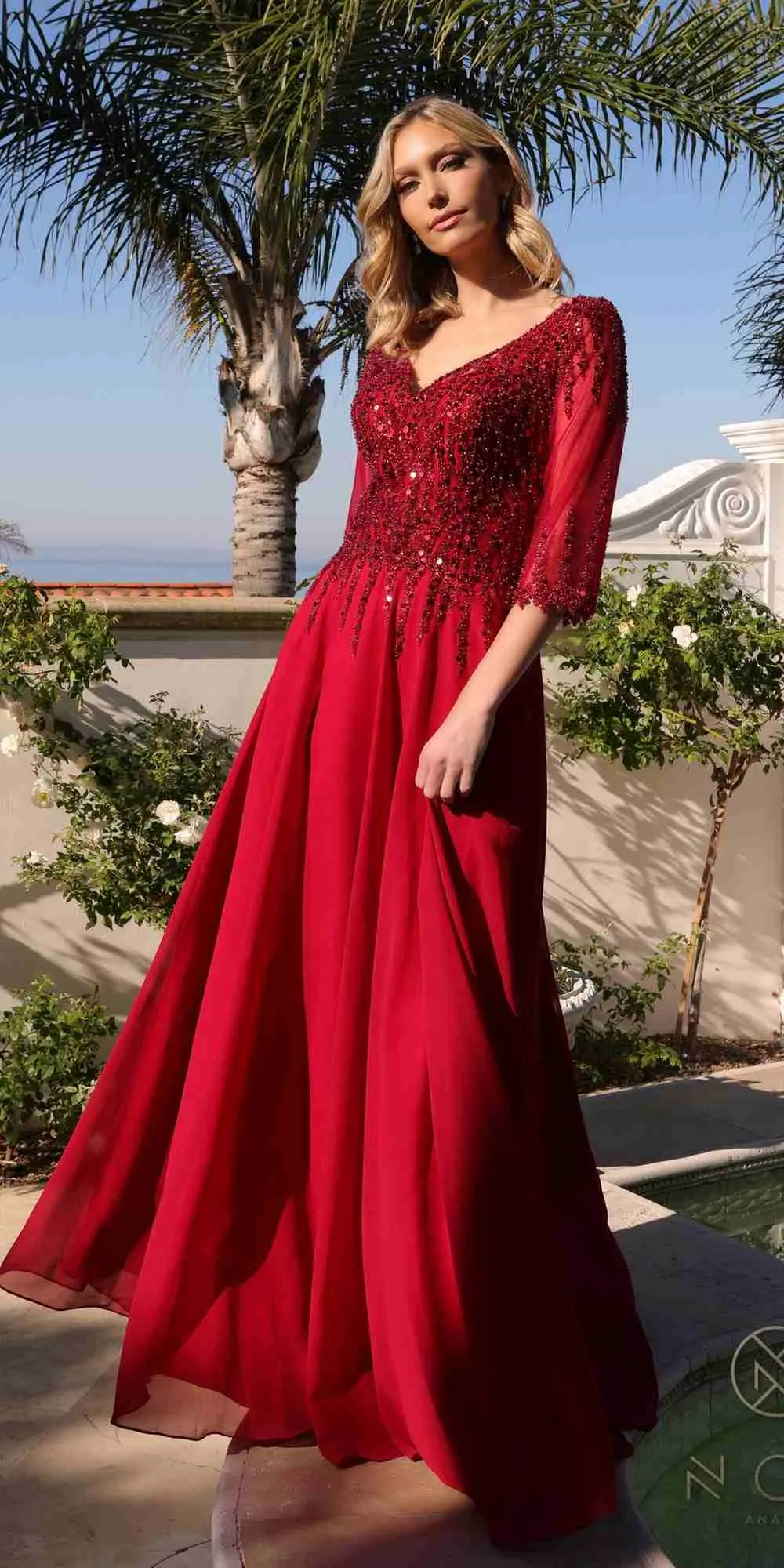 Nox Anabel MF100 Long Sequin Bodice 3/4 Sleeve A-line Gown