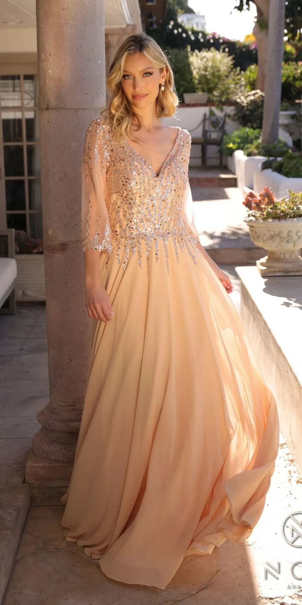 Nox Anabel MF100 Long Sequin Bodice 3/4 Sleeve A-line Gown