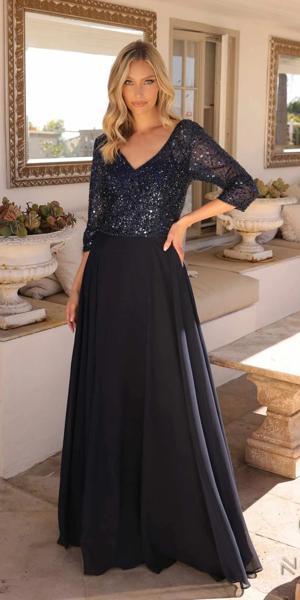 Nox Anabel MF103 Long Sequin Bodice 3/4 Sleeve A-line Gown