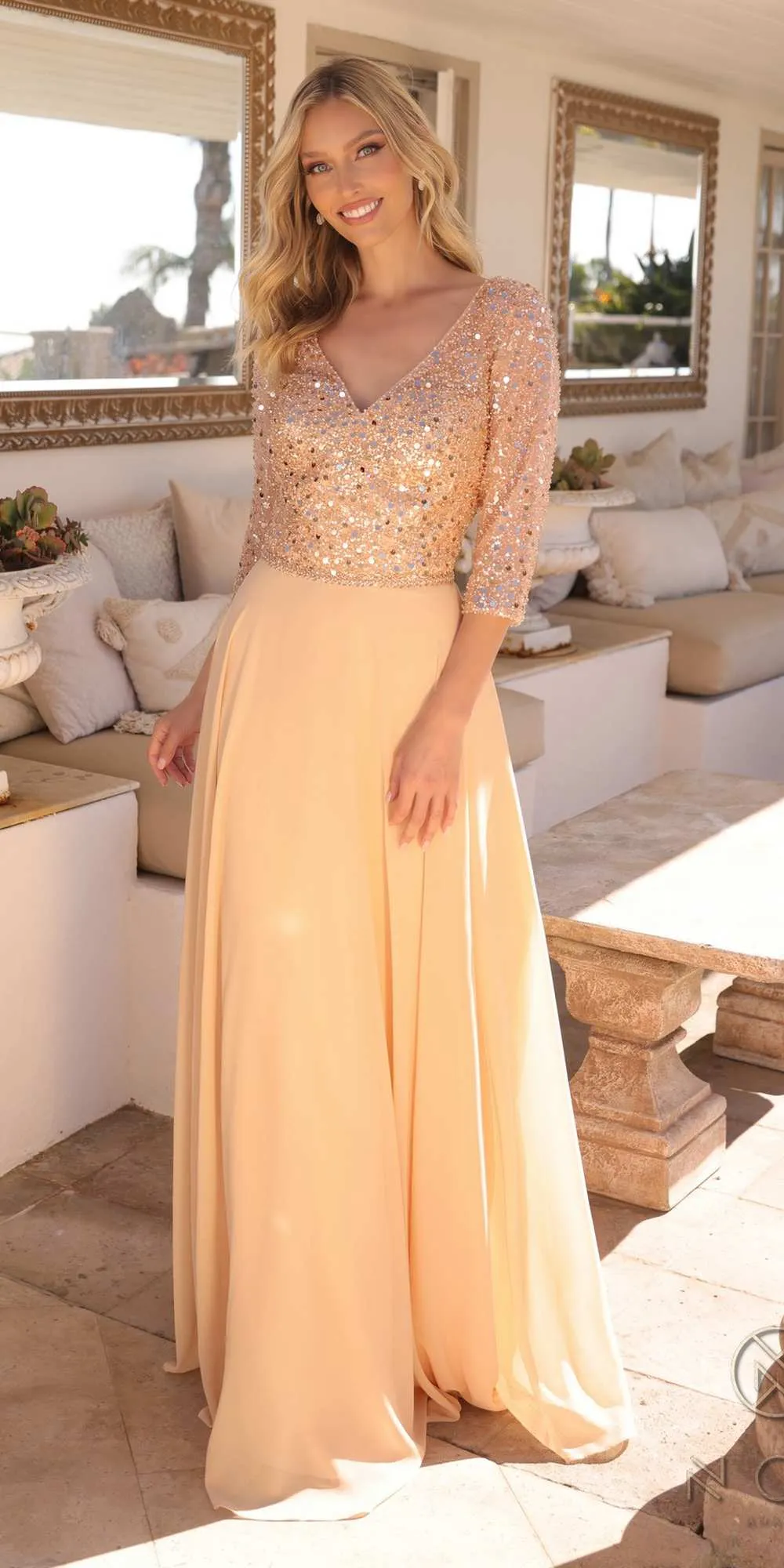 Nox Anabel MF103 Long Sequin Bodice 3/4 Sleeve A-line Gown