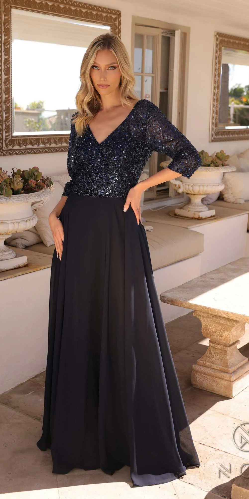 Nox Anabel MF103 Long Sequin Bodice 3/4 Sleeve A-line Gown