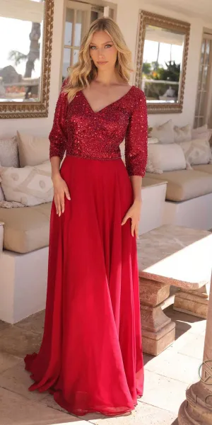Nox Anabel MF103 Long Sequin Bodice 3/4 Sleeve A-line Gown