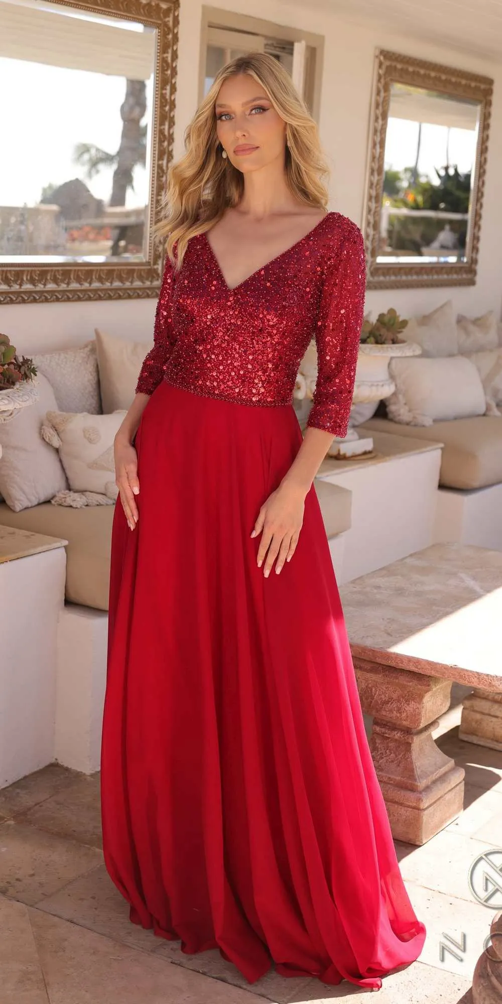 Nox Anabel MF103 Long Sequin Bodice 3/4 Sleeve A-line Gown