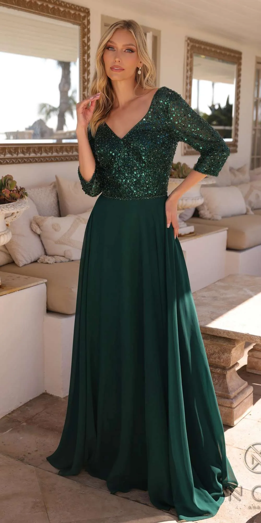 Nox Anabel MF103 Long Sequin Bodice 3/4 Sleeve A-line Gown