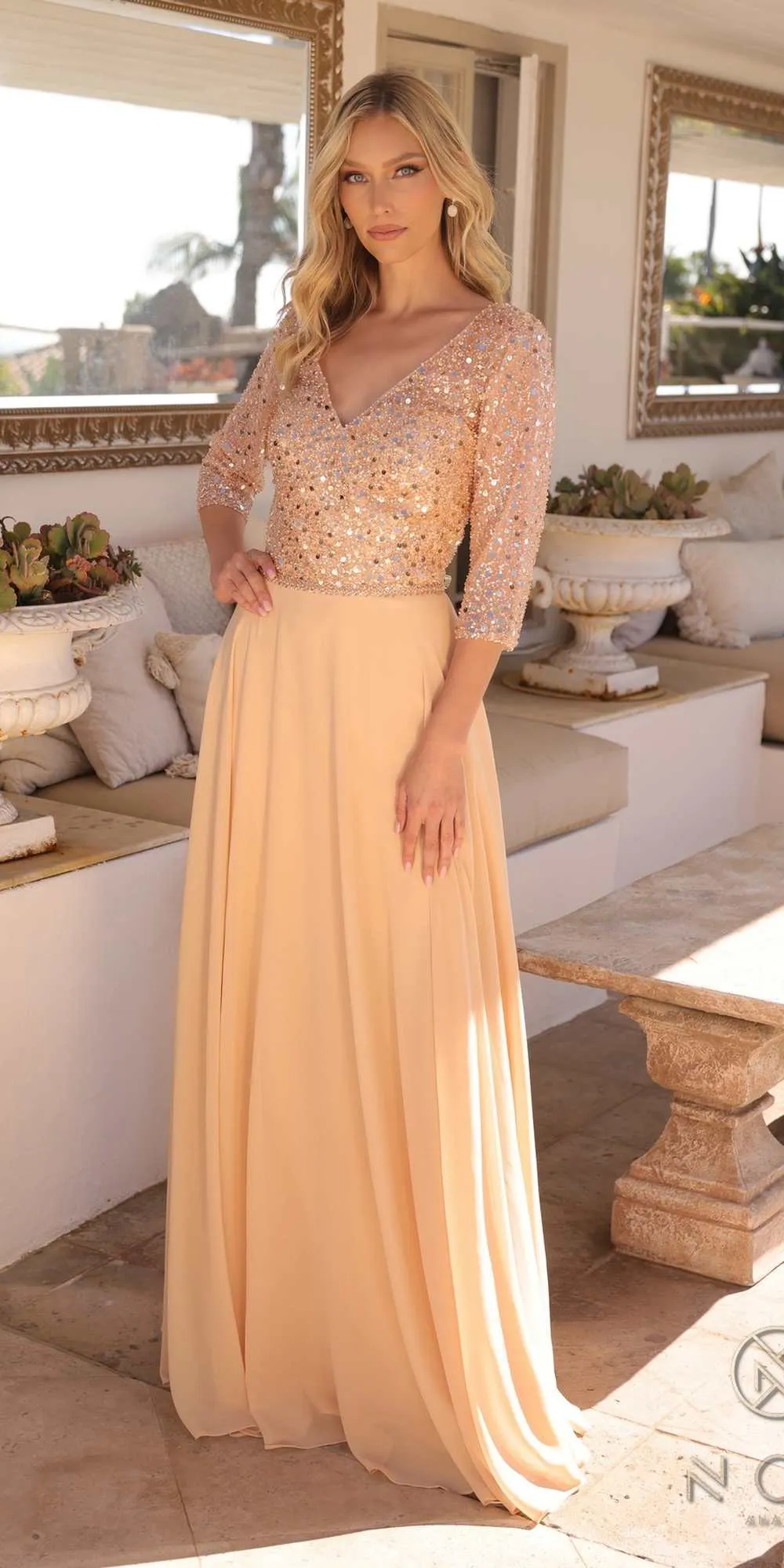 Nox Anabel MF103 Long Sequin Bodice 3/4 Sleeve A-line Gown