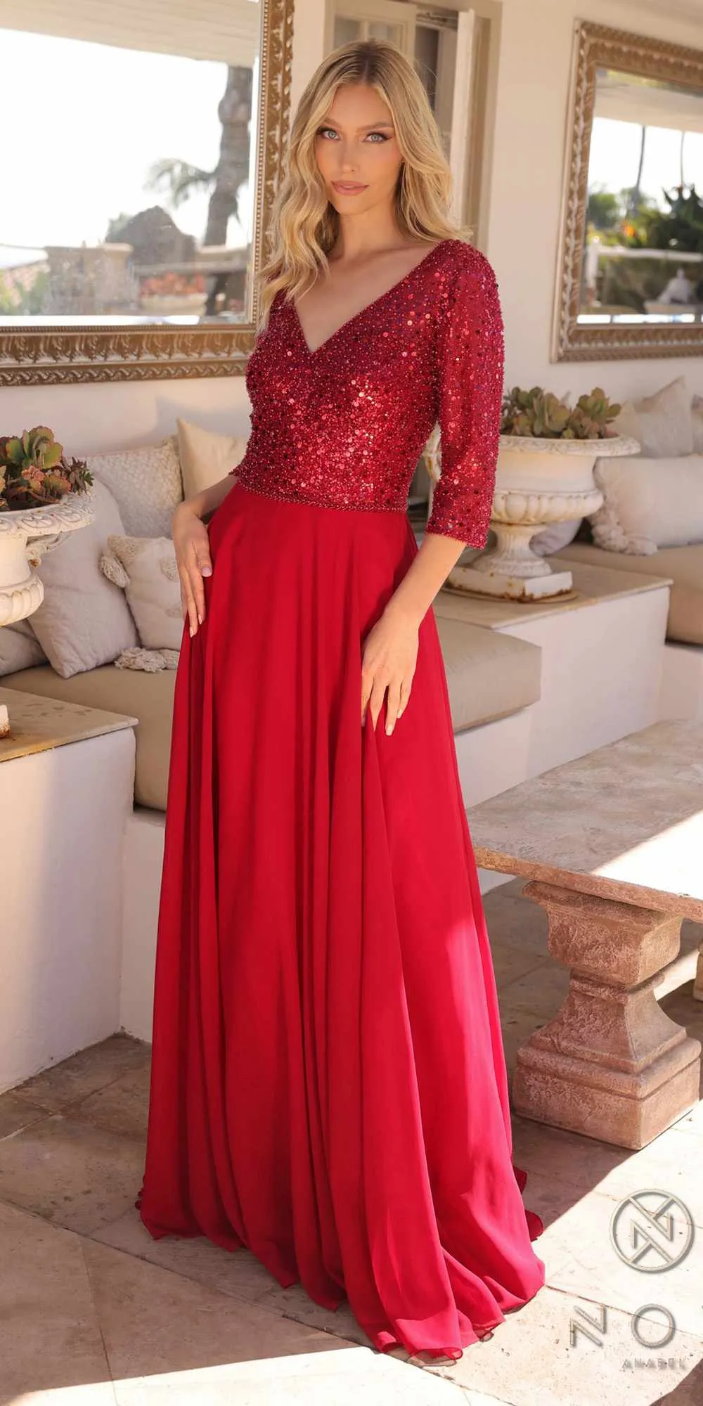 Nox Anabel MF103 Long Sequin Bodice 3/4 Sleeve A-line Gown