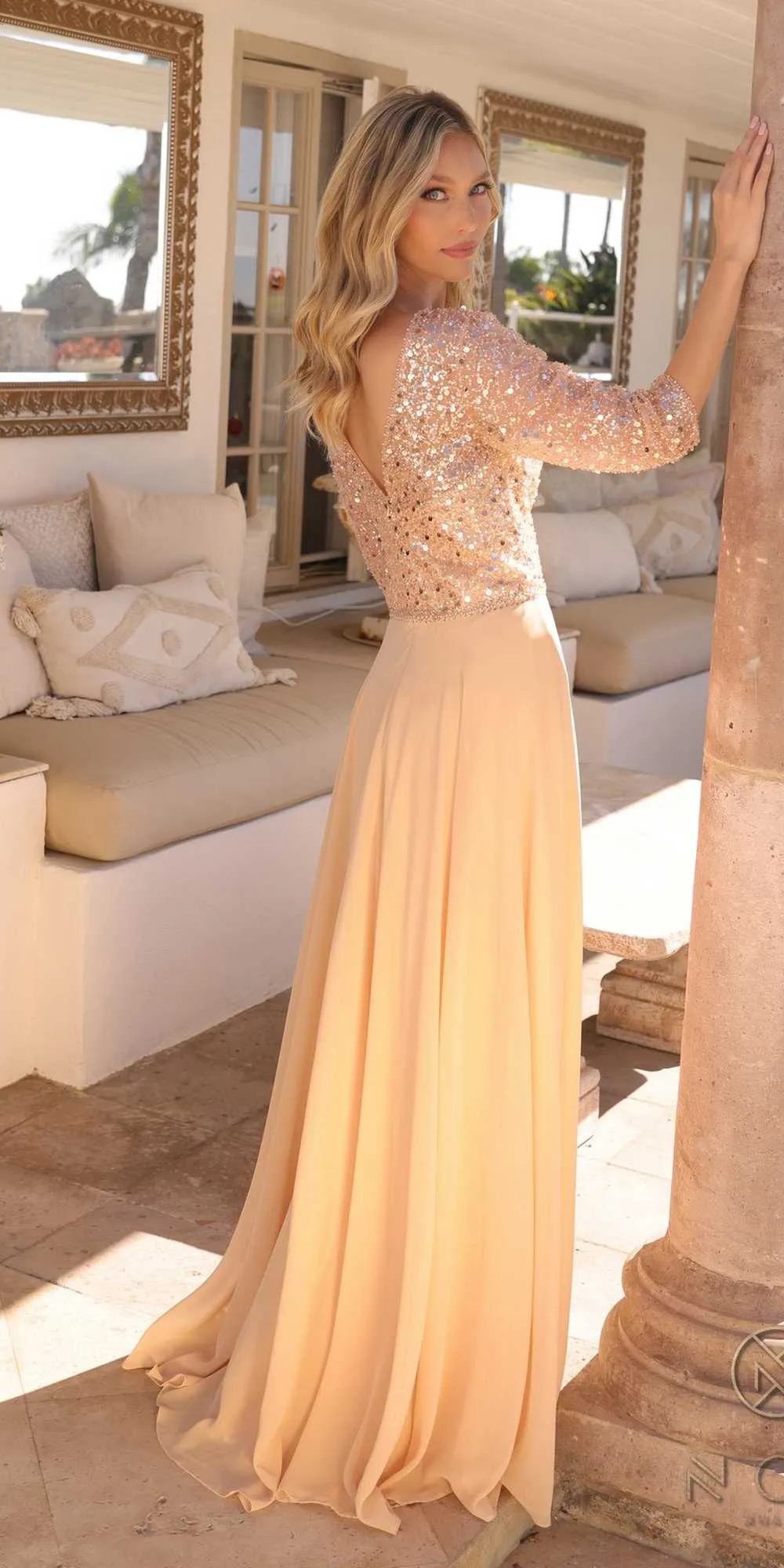 Nox Anabel MF103 Long Sequin Bodice 3/4 Sleeve A-line Gown