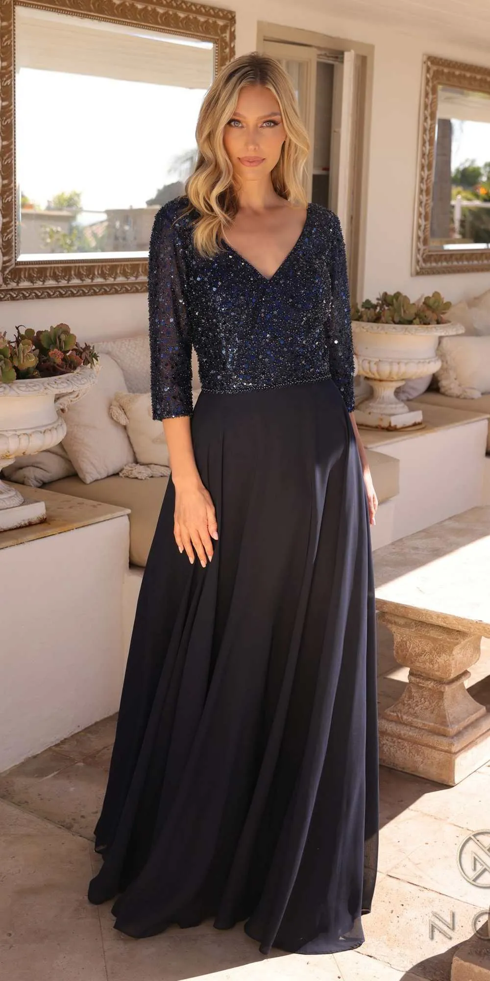 Nox Anabel MF103 Long Sequin Bodice 3/4 Sleeve A-line Gown